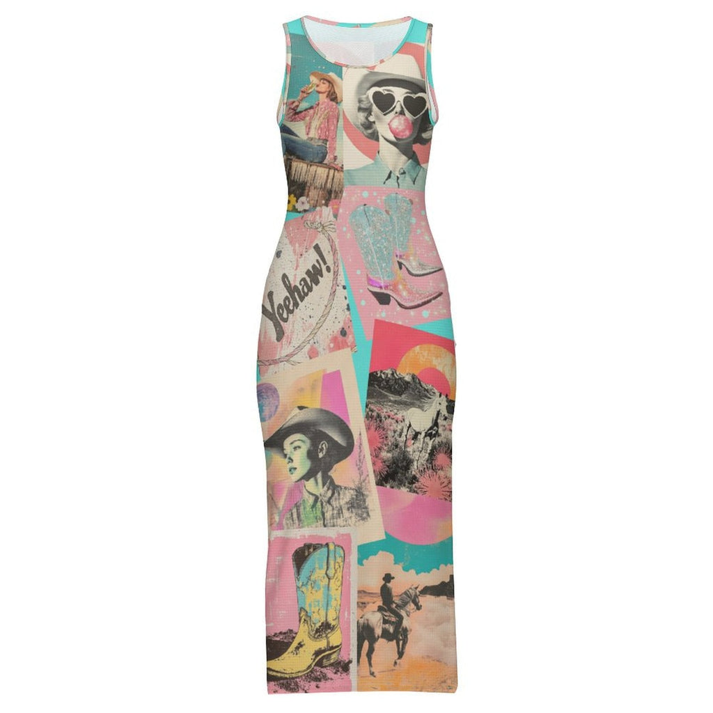 Baha Ranch Retro Pop Western Bodycon Side Slit Maxi Dress