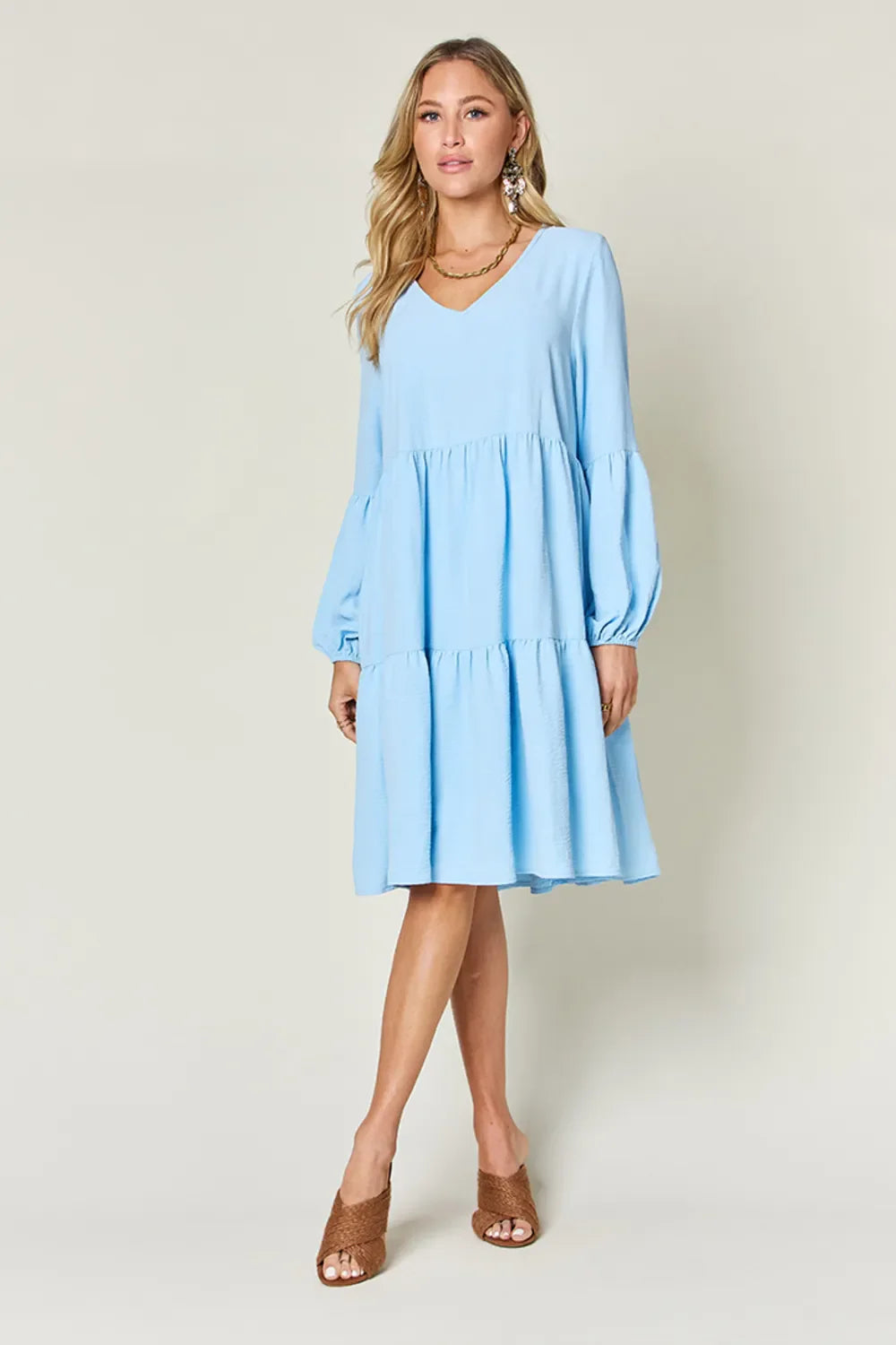 Garden Naked Double Take Full Size V-Neck Balloon Sleeve Tiered Dress with Pockets