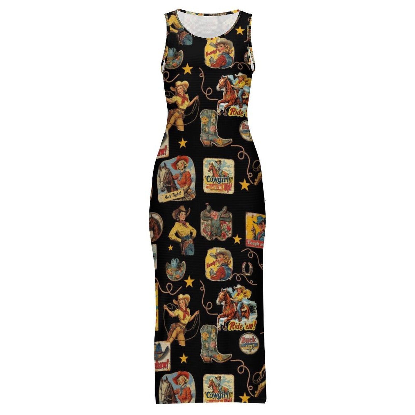 Vintage Cowgirl Collage Bodycon Side Slit Maxi Dress