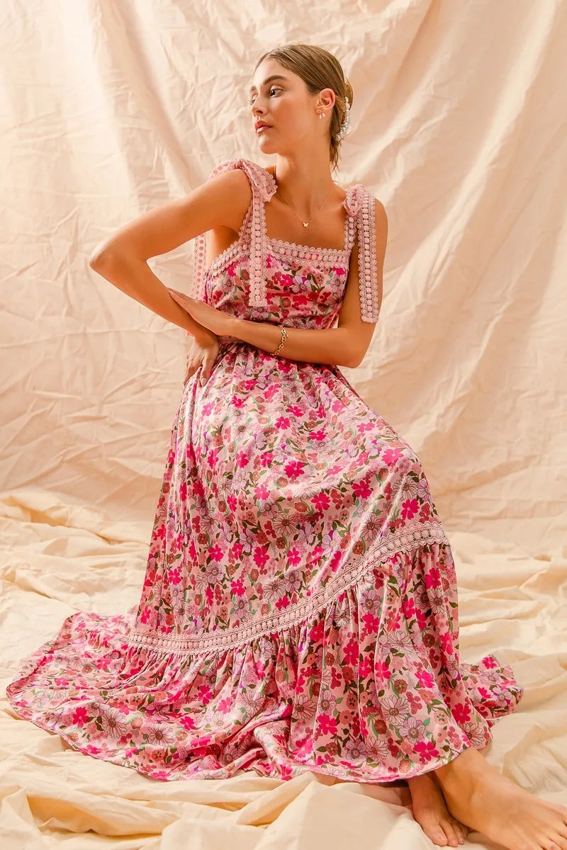 Garden Naked SO ME Floral Maxi Dress With Ribbon Tie Lace Strap