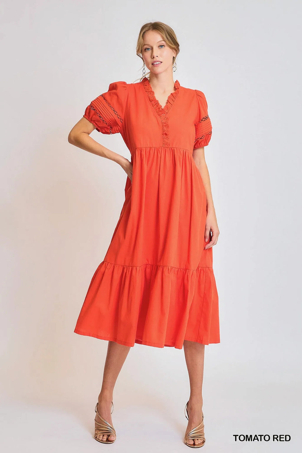 Garden Naked Umgee Short Sleeve Lace-Trim Ruffled Midi Dress