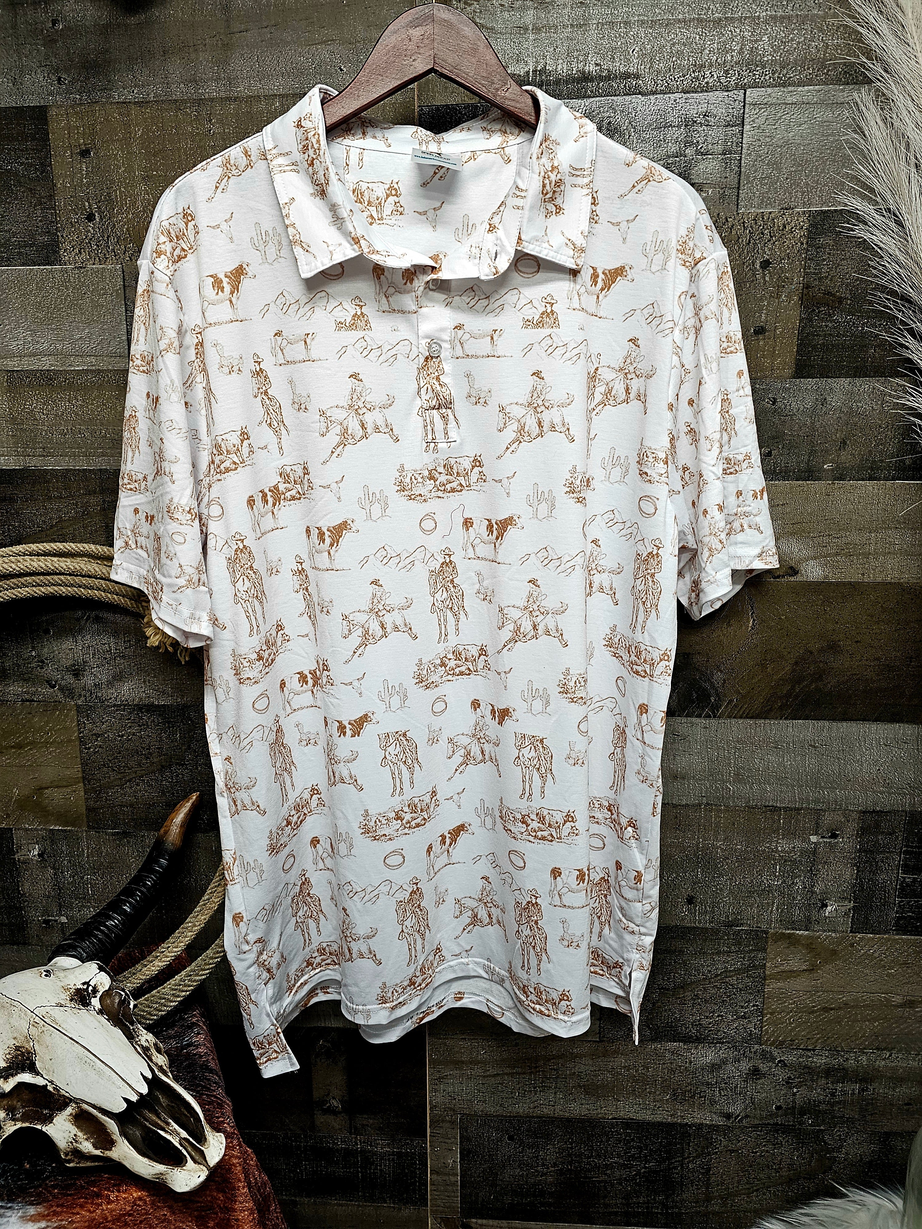 Ranch Life Men's Western Polo Shirt with tan print