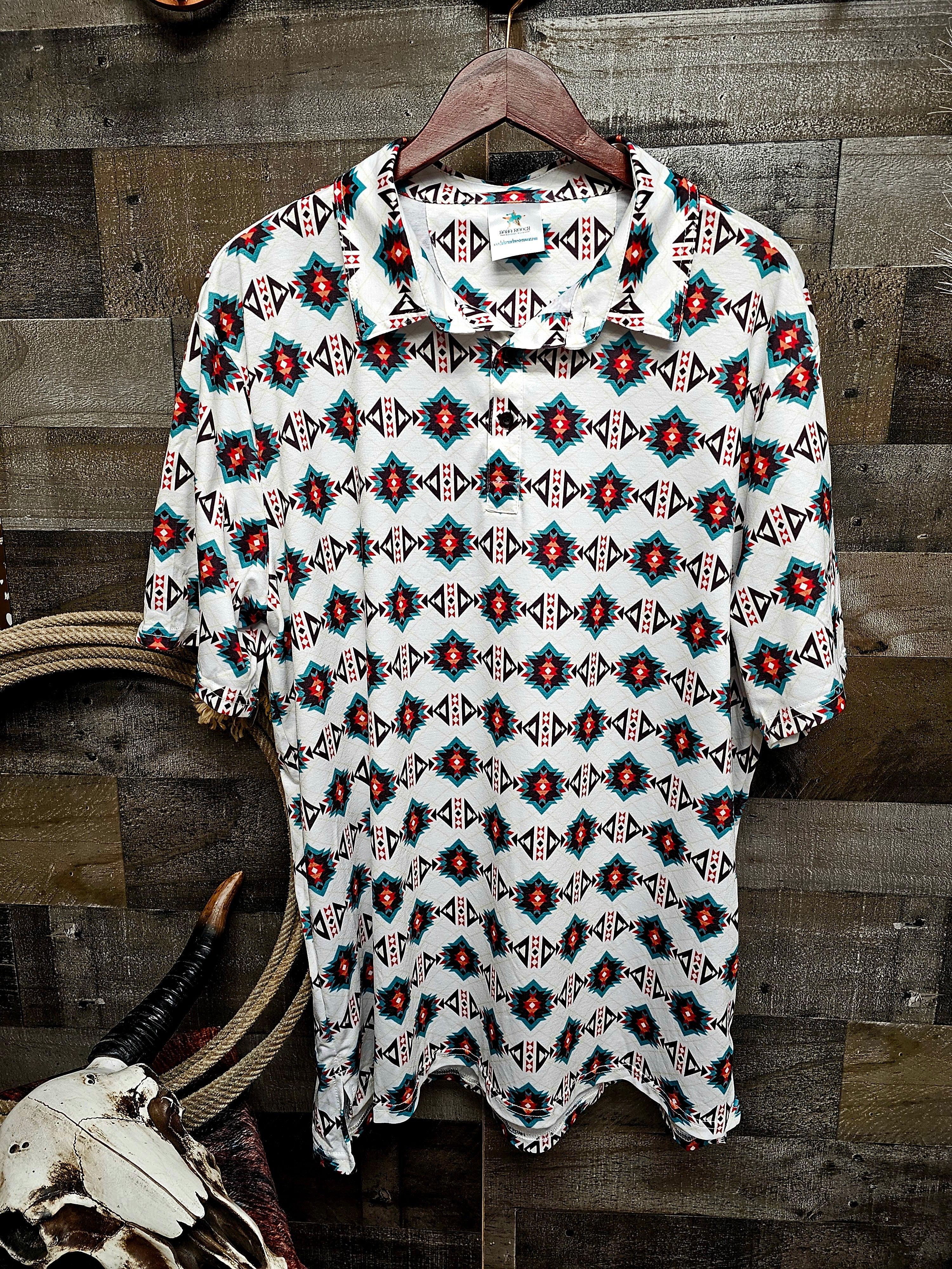 White Teal Aztec Men's Western Polo Shirt