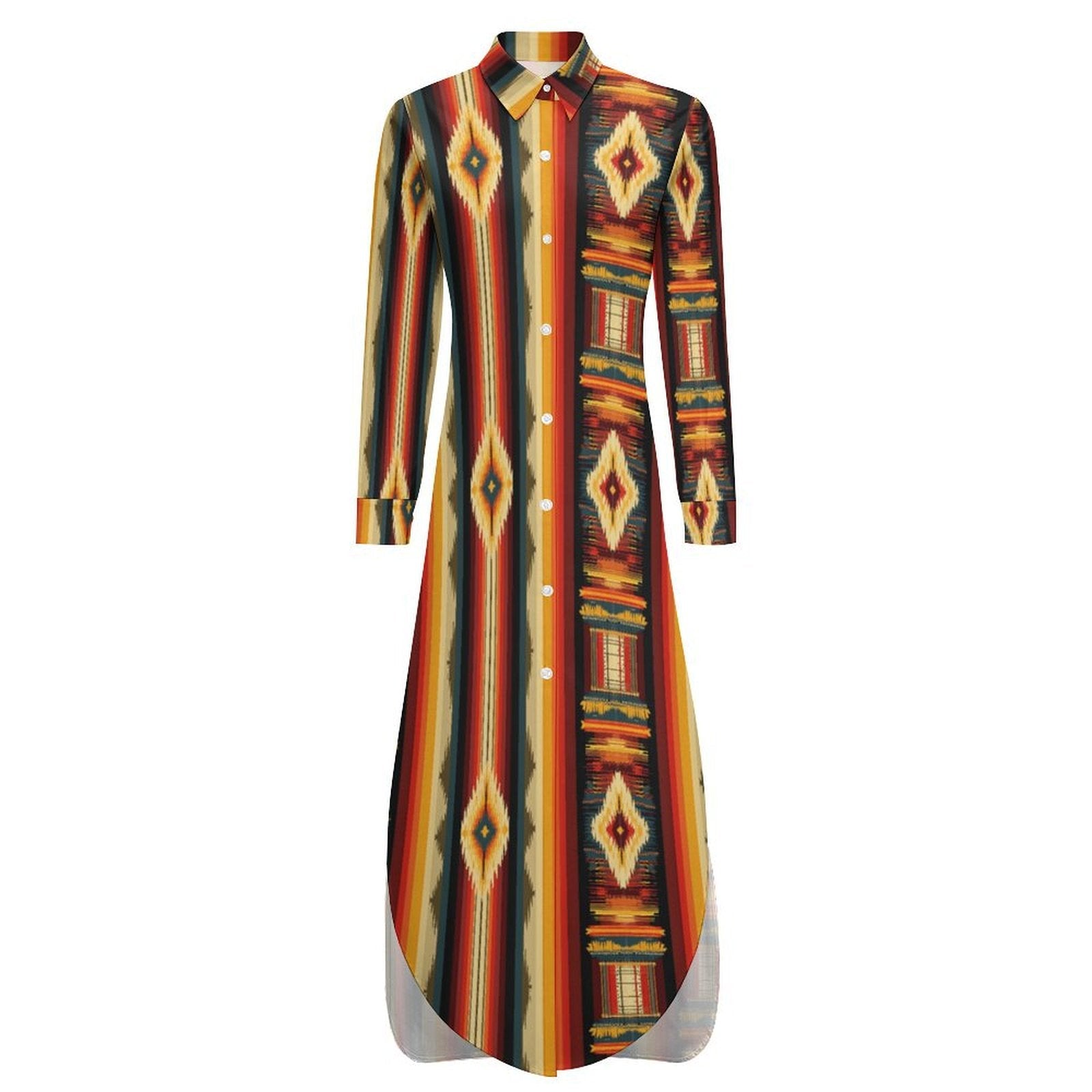 Colores De Mexico Southwestern Aztec Serape Long Sleeve Shirt Dress Duster