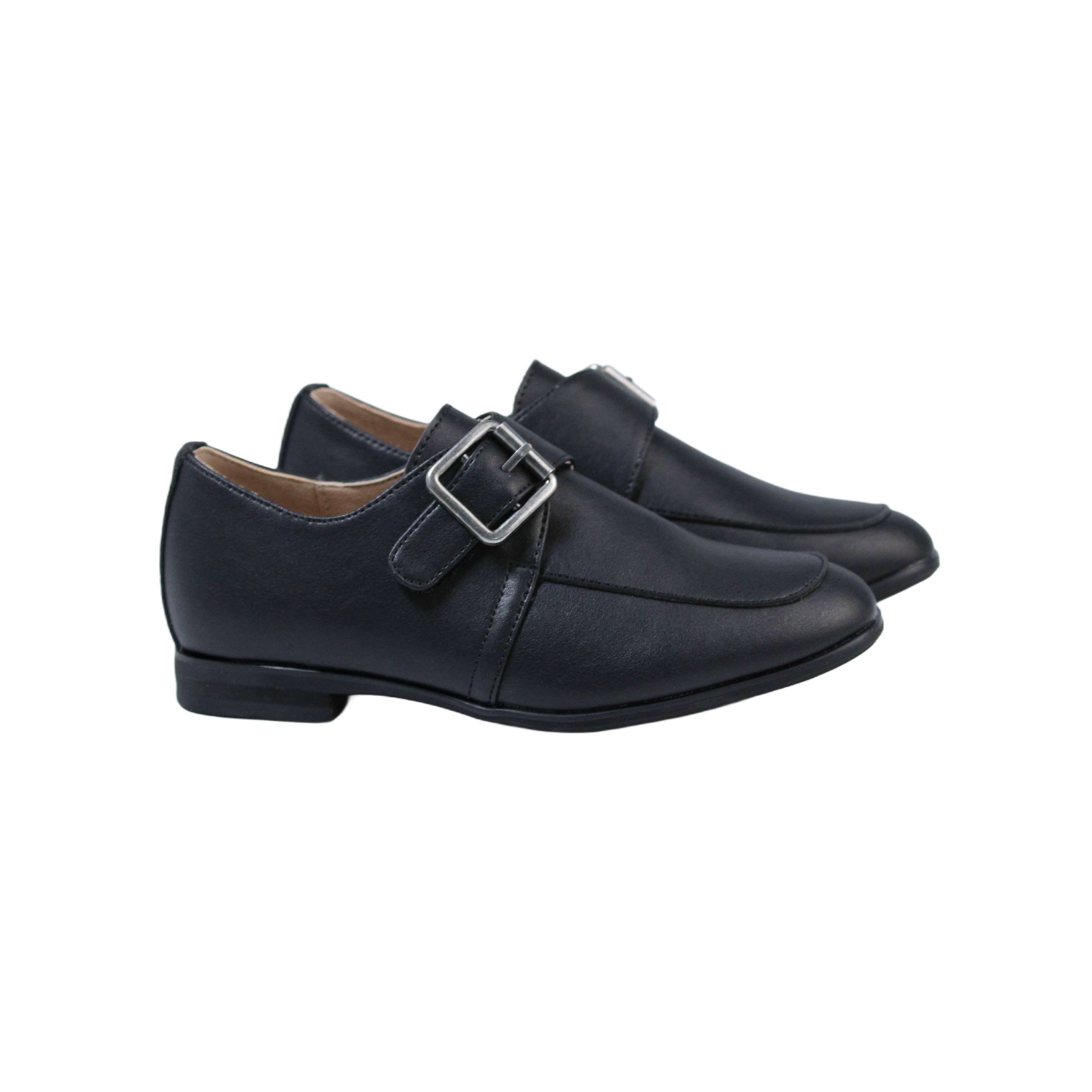 Fintoes Black Leather Boys Dress Shoe With Velcro Closure For Work And School