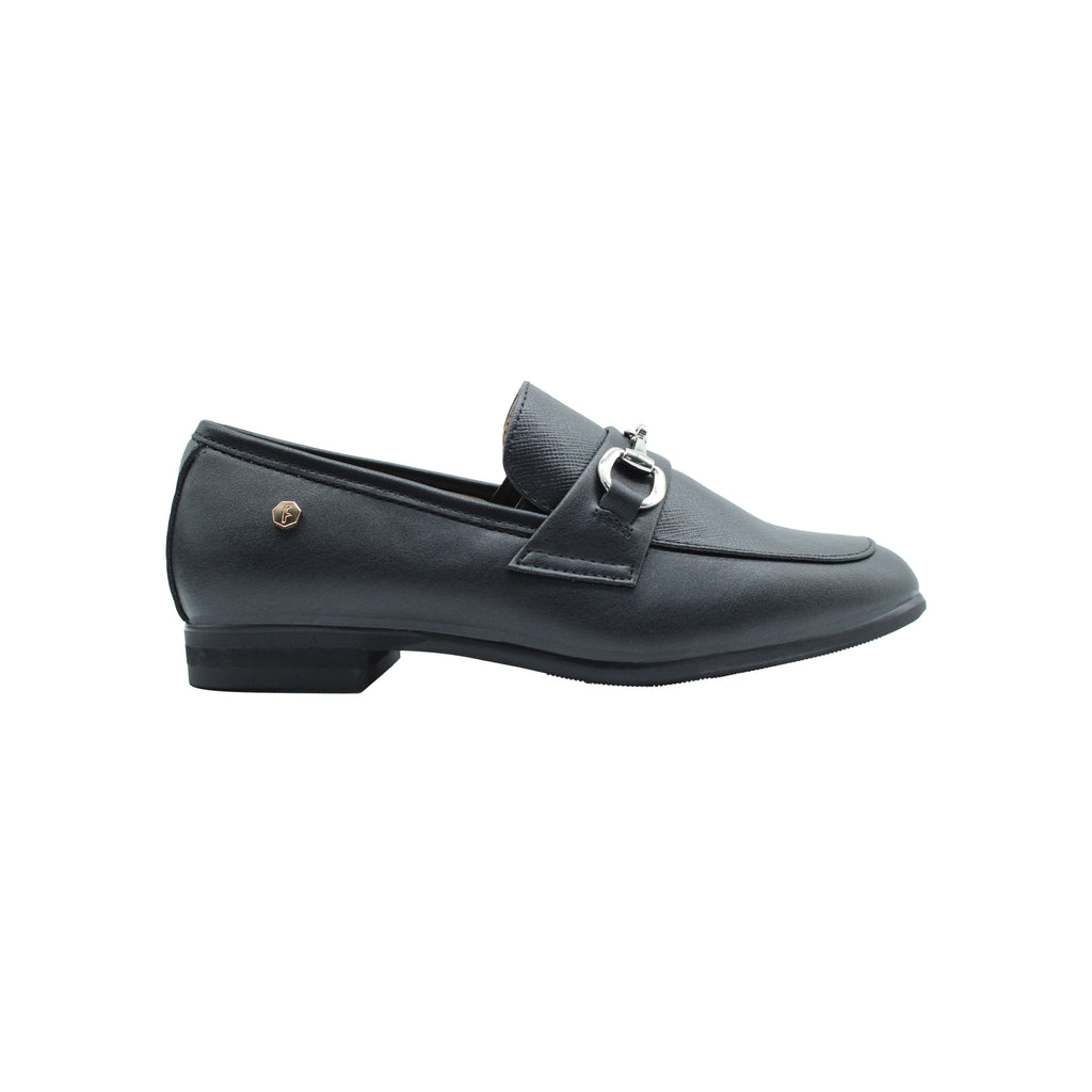 Fintoes Black Leather Boys Dress Shoe/With Chain On Top For Work And School