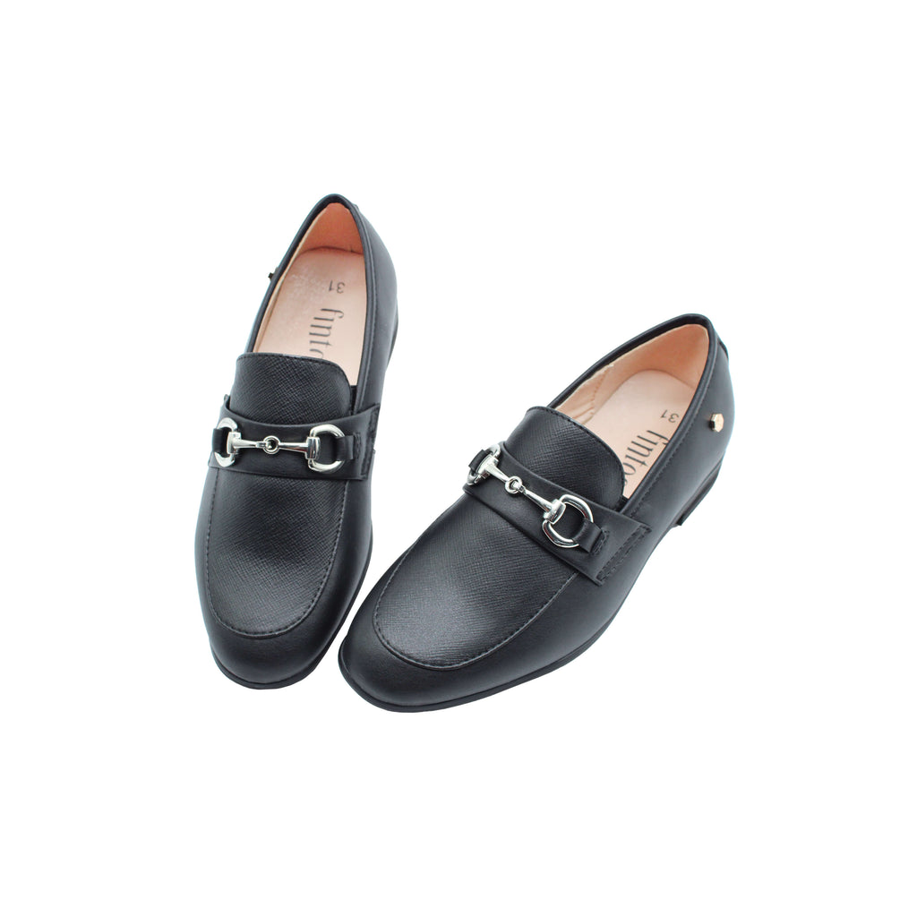 Fintoes Black Leather Boys Dress Shoe/With Chain On Top For Work And School