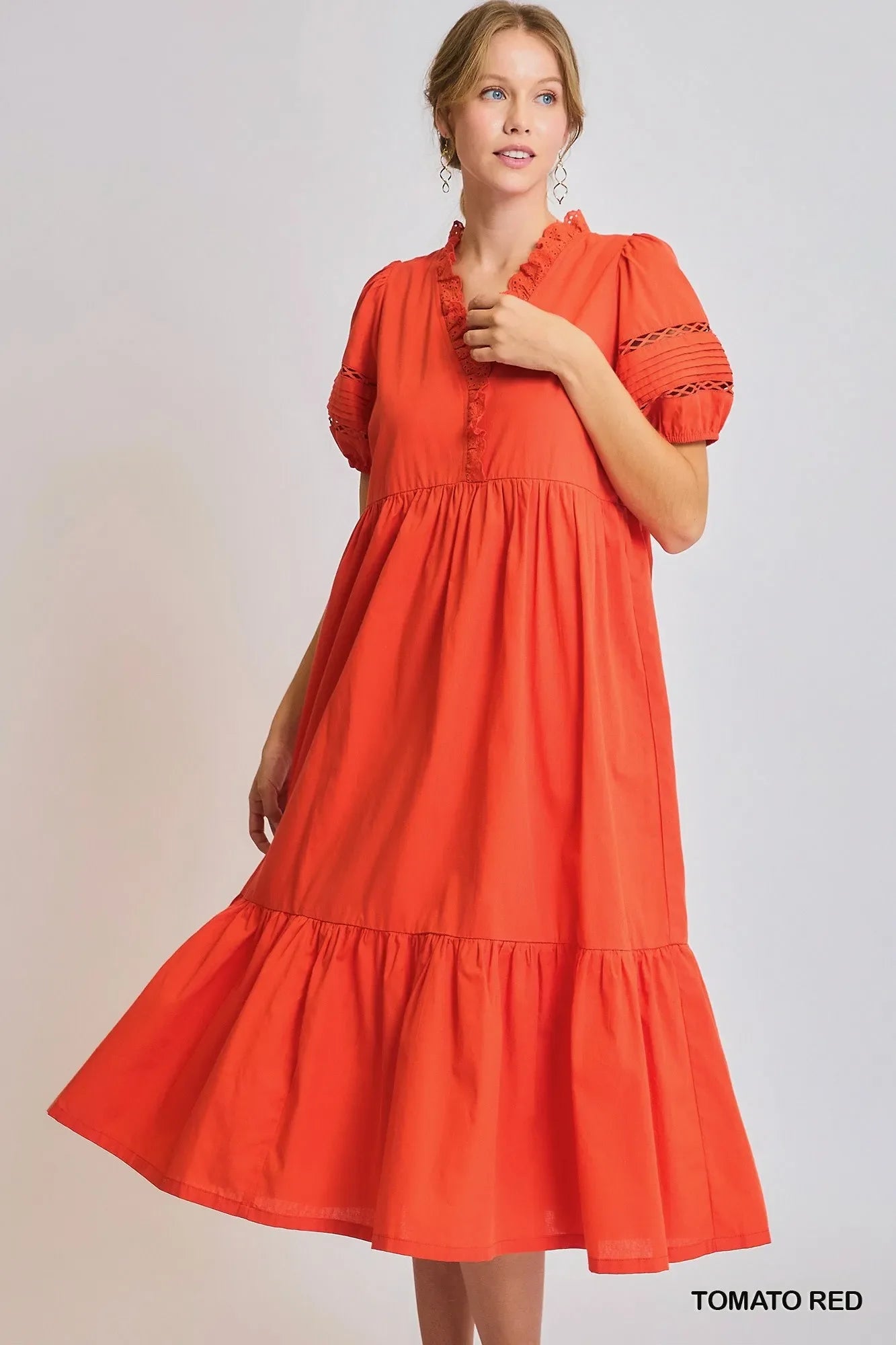 Garden Naked Umgee Short Sleeve Lace-Trim Ruffled Midi Dress
