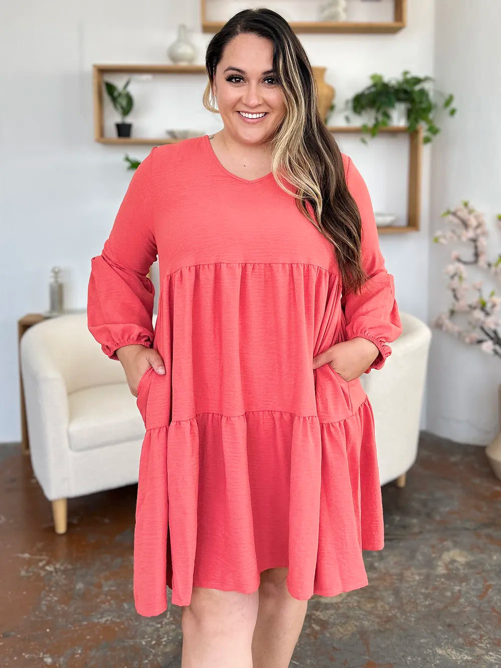 Garden Naked Double Take Full Size V-Neck Balloon Sleeve Tiered Dress with Pockets
