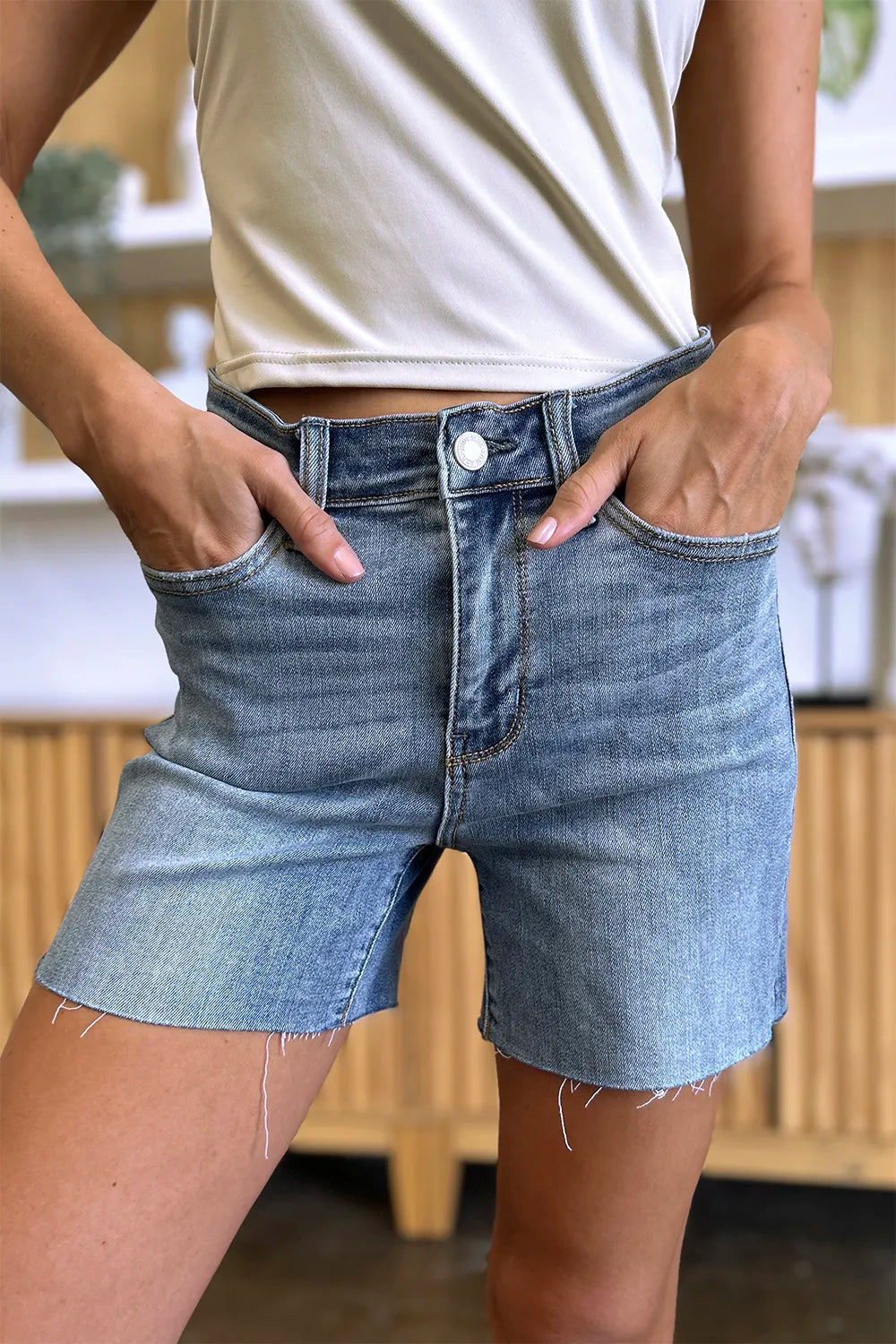 Garden Naked Judy Blue Full Size High Waist Raw Hem Denim Shorts