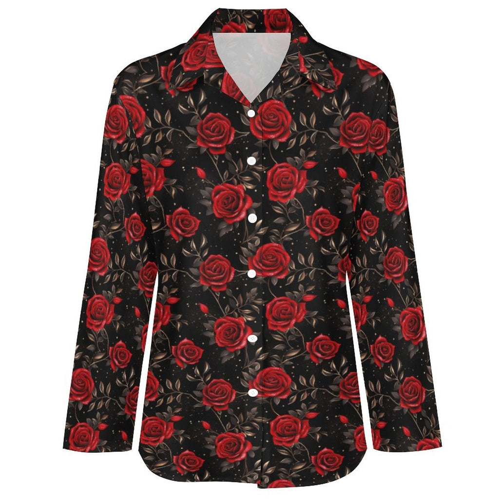 Colores De Mexico Romantic Red Roses Button Up Blouse