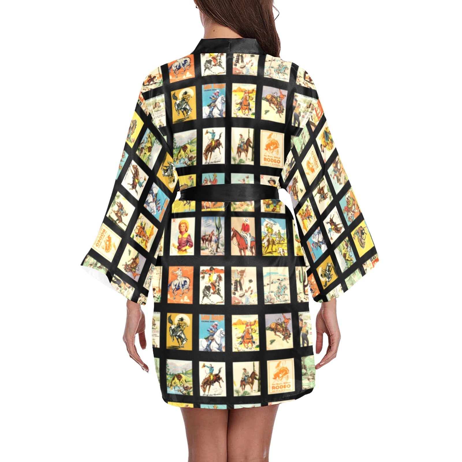 Vintage Cowboy Collage Satin Kimono Robe