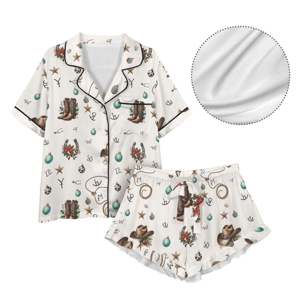 Boots and Brands Western Cowgirl Cowboy Satin Short Pajama Sets