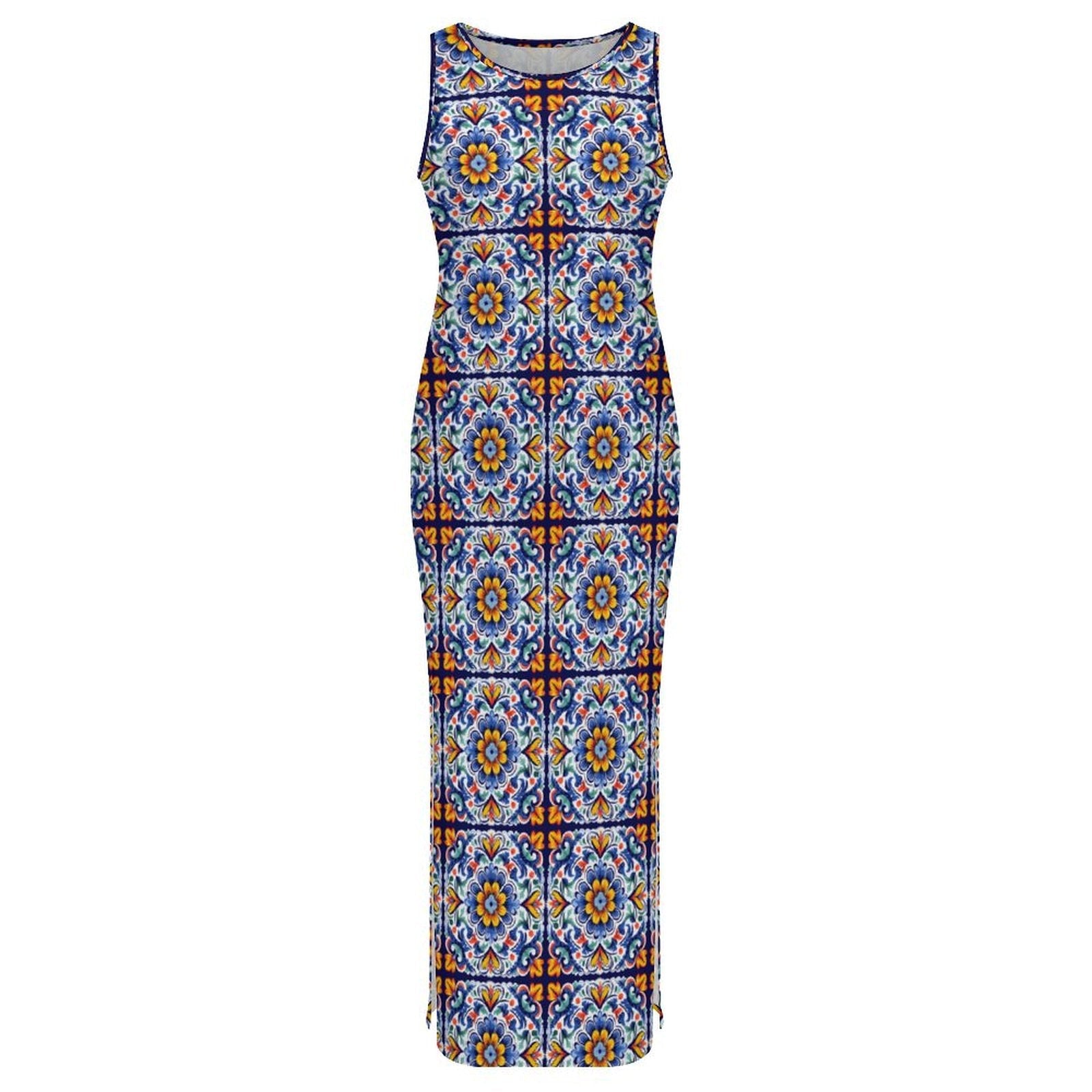Colores de Mexico Talavera Sleeveless Bodycon Side Slit Long Dress