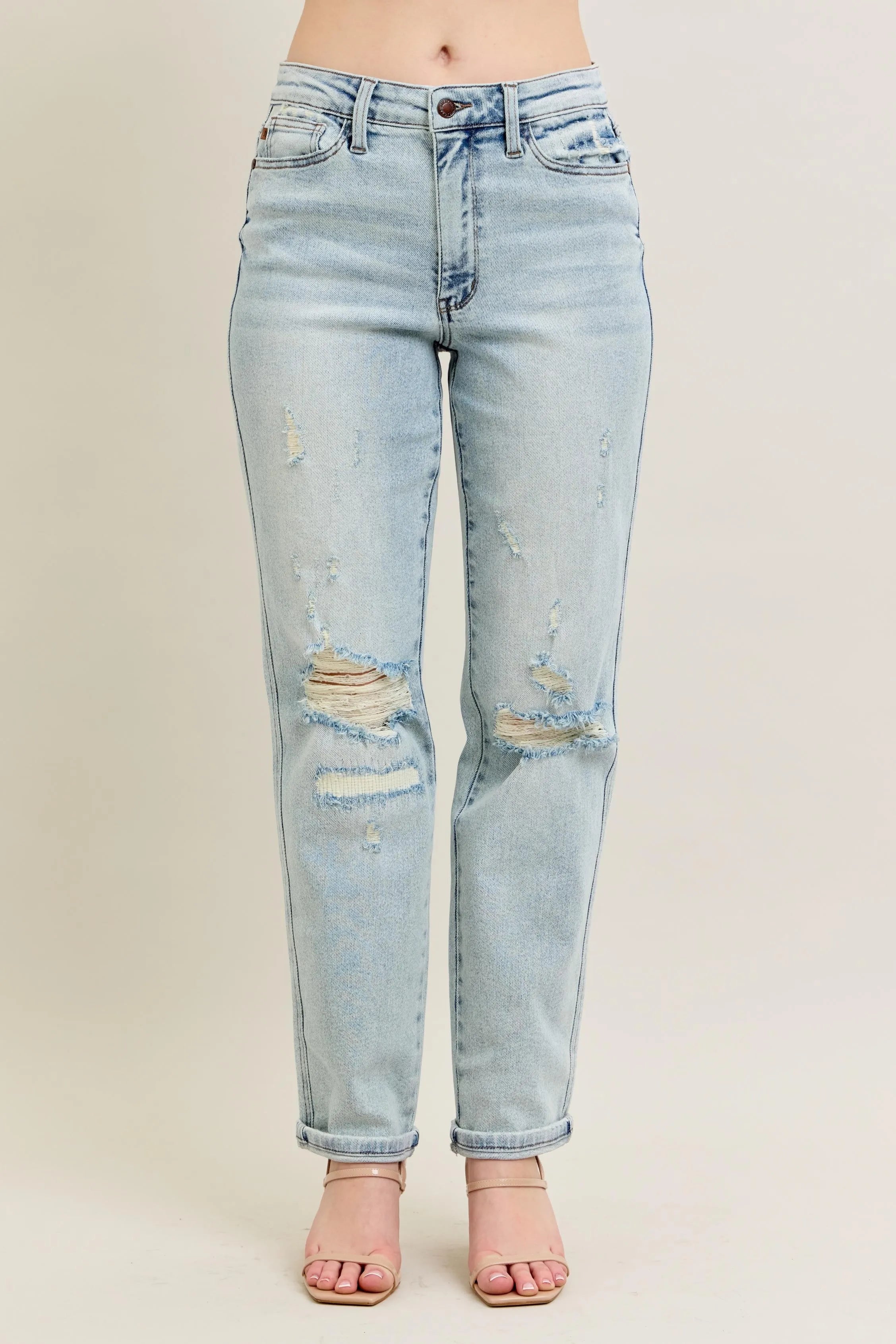 Garden Naked Judy Blue Full Size Mr Repair Stitch Detail Destroy Single Cuff Bf Jeans Plus Size
