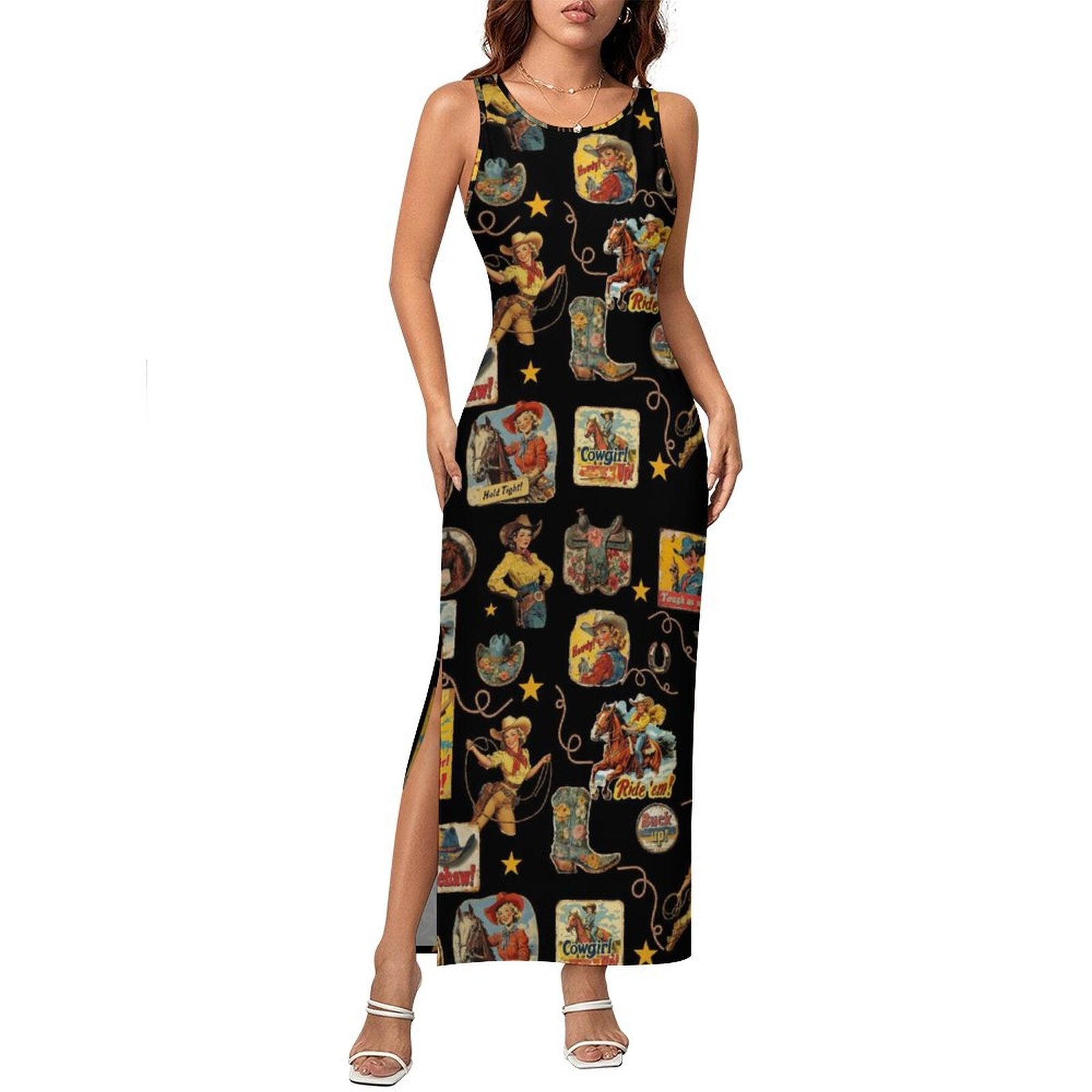 Vintage Cowgirl Collage Bodycon Side Slit Maxi Dress