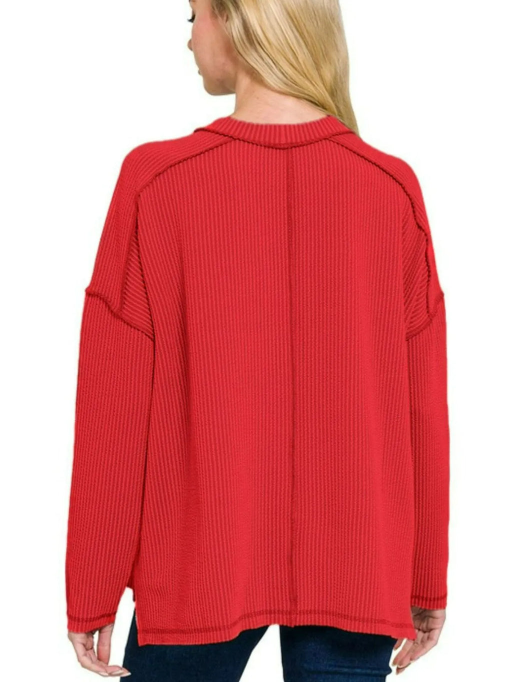 Garden Naked Zenana Full Size Exposed Seam Long Sleeve Corded Rib Knit Top Plus Size