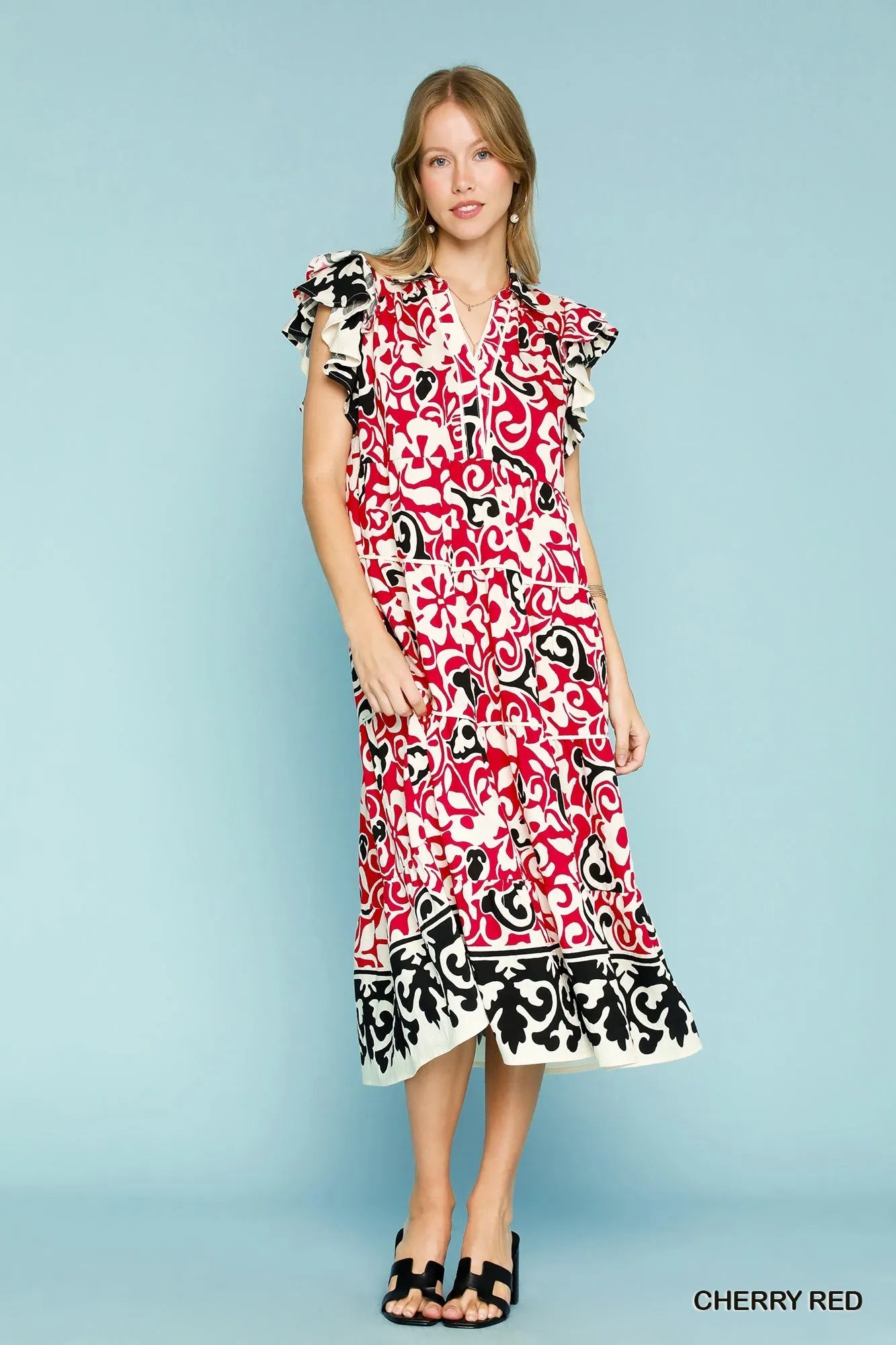 Garden Naked Umgee Printed Ruffled Cap Sleeve Midi Dress