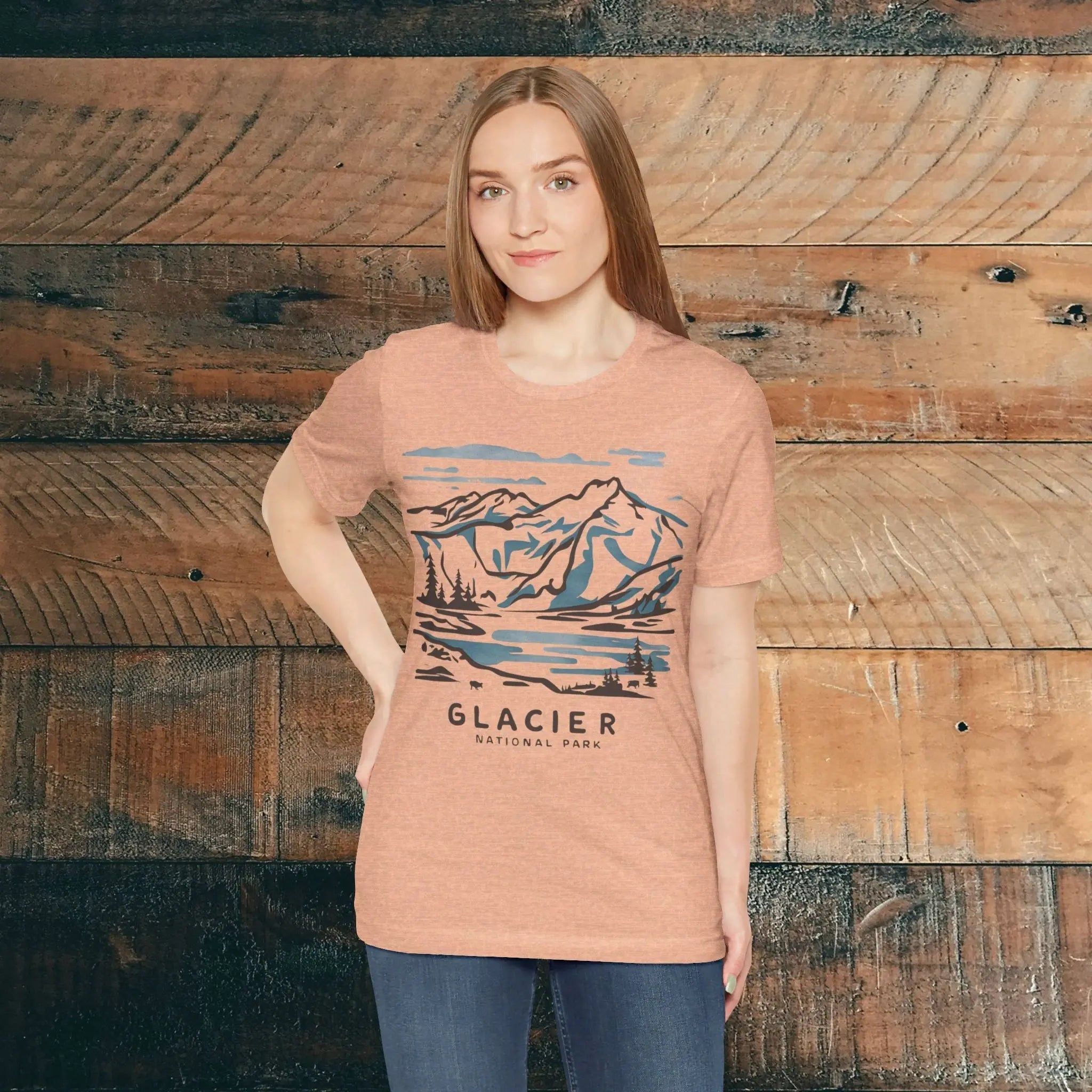 Glacier National Park Unisex Fit Soft T-Shirt Watercolor Line Art