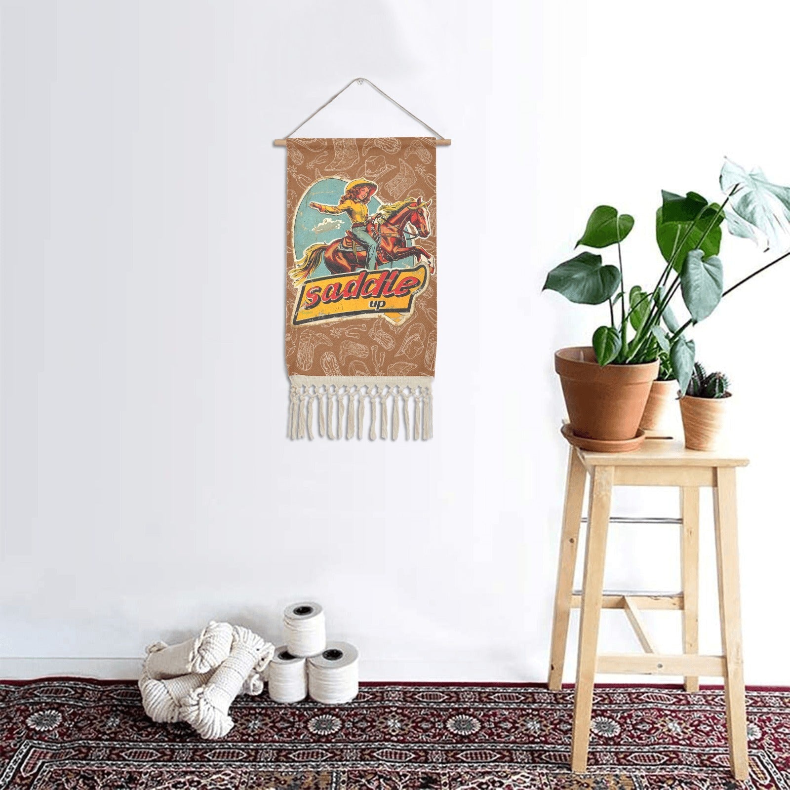 Saddle Up Western Wall Decor Linen Hanging Poster with Fringe Made in America