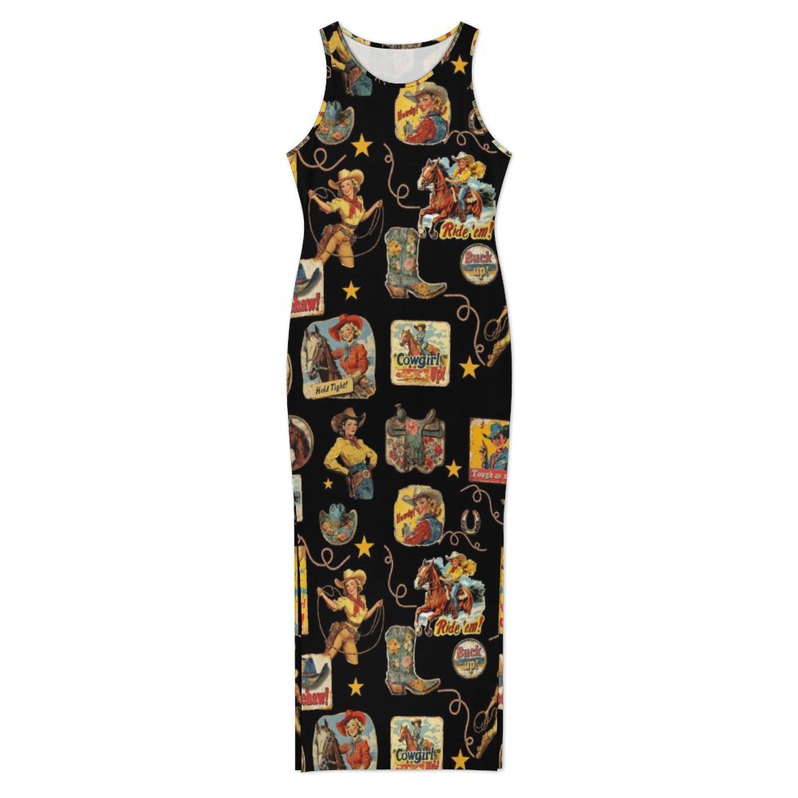Vintage Cowgirl Collage Bodycon Side Slit Maxi Dress