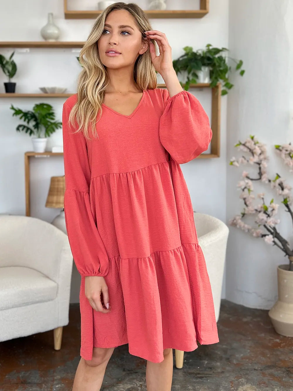 Garden Naked Double Take Full Size V-Neck Balloon Sleeve Tiered Dress with Pockets