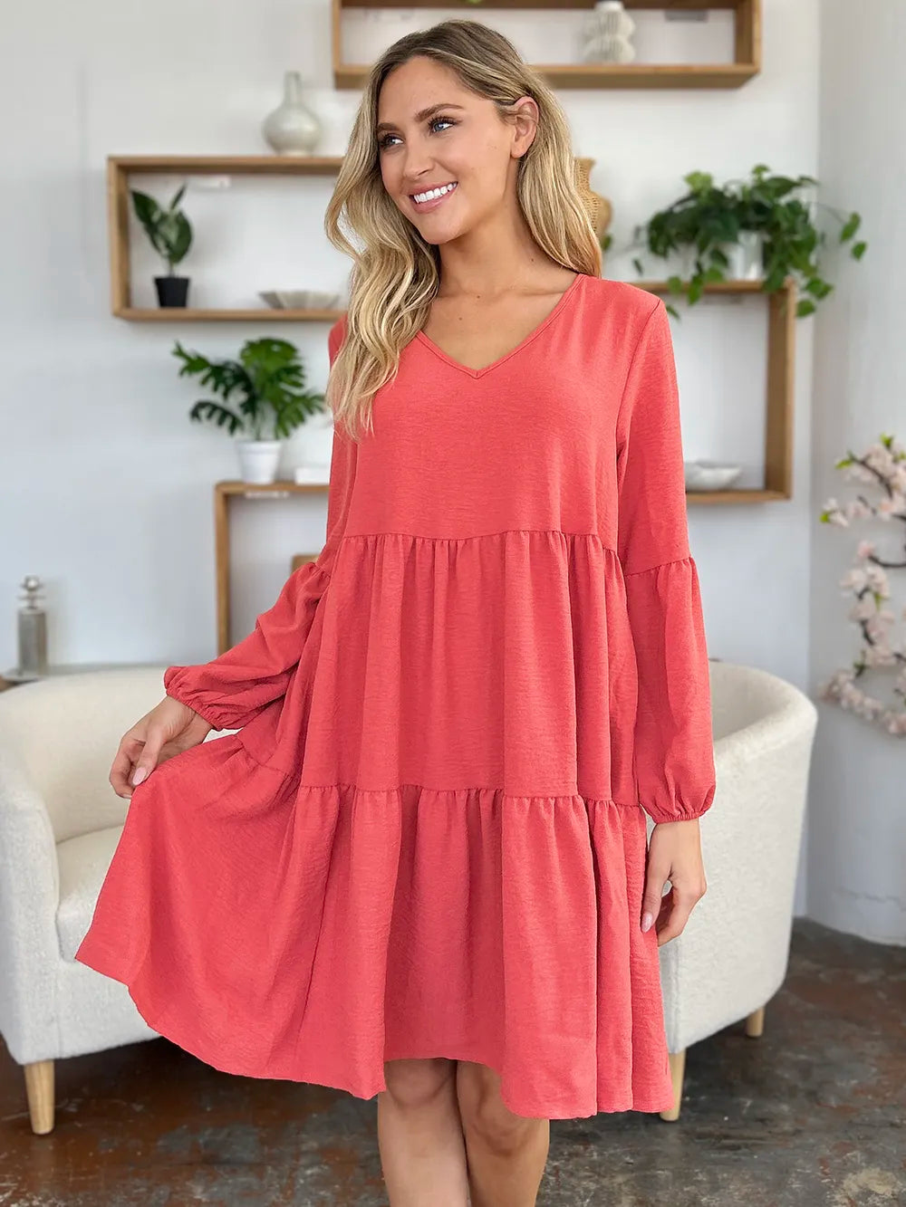 Garden Naked Double Take Full Size V-Neck Balloon Sleeve Tiered Dress with Pockets