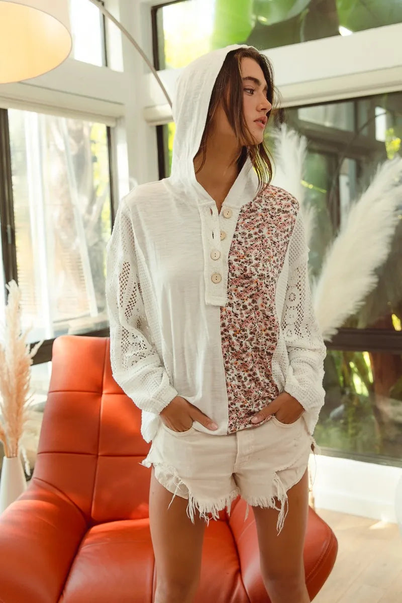 Garden Naked BiBi Slob Jersey with Lace Combo Buttoned Hoodie Top