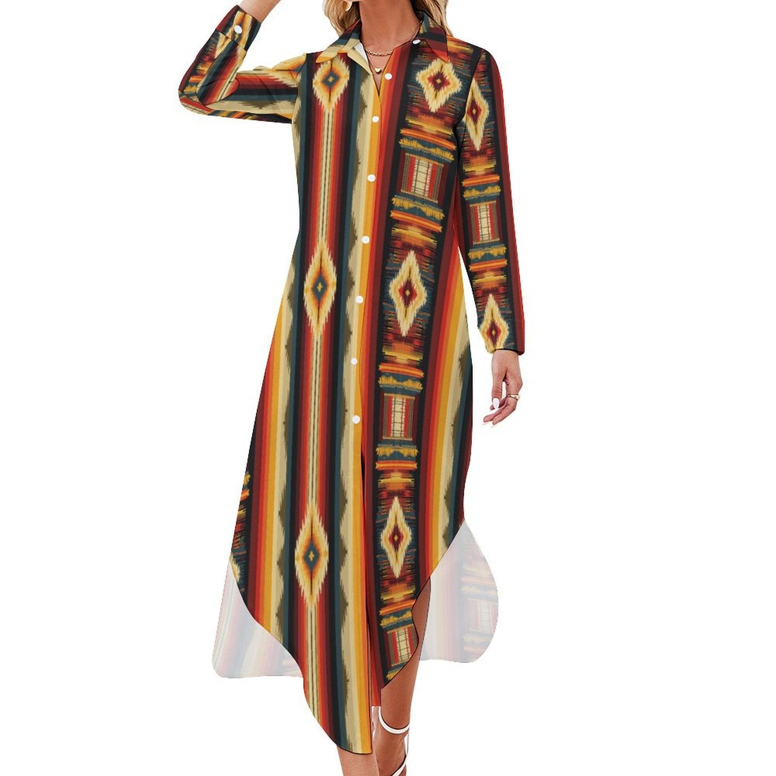 Colores De Mexico Southwestern Aztec Serape Long Sleeve Shirt Dress Duster