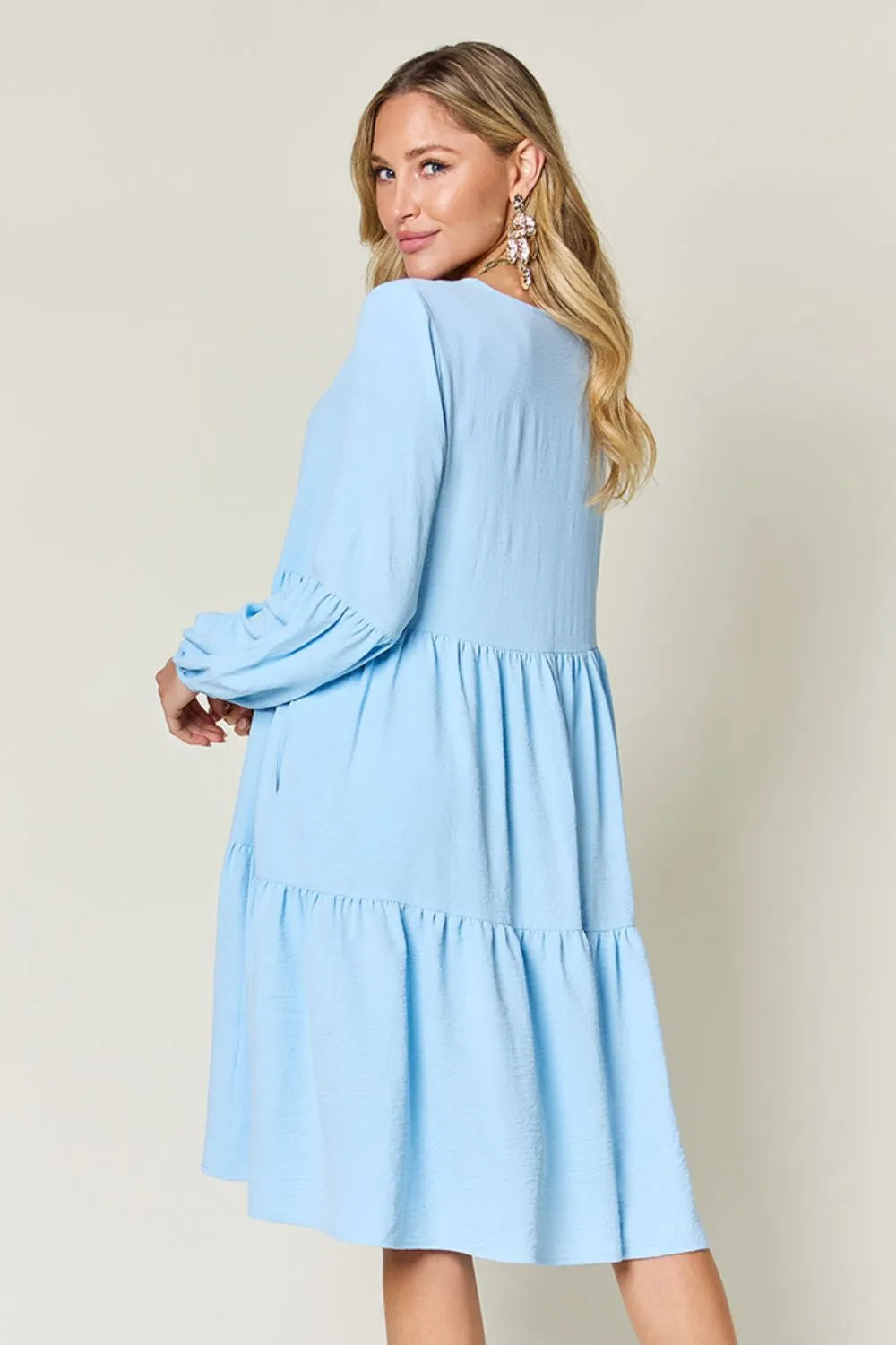 Garden Naked Double Take Full Size V-Neck Balloon Sleeve Tiered Dress with Pockets