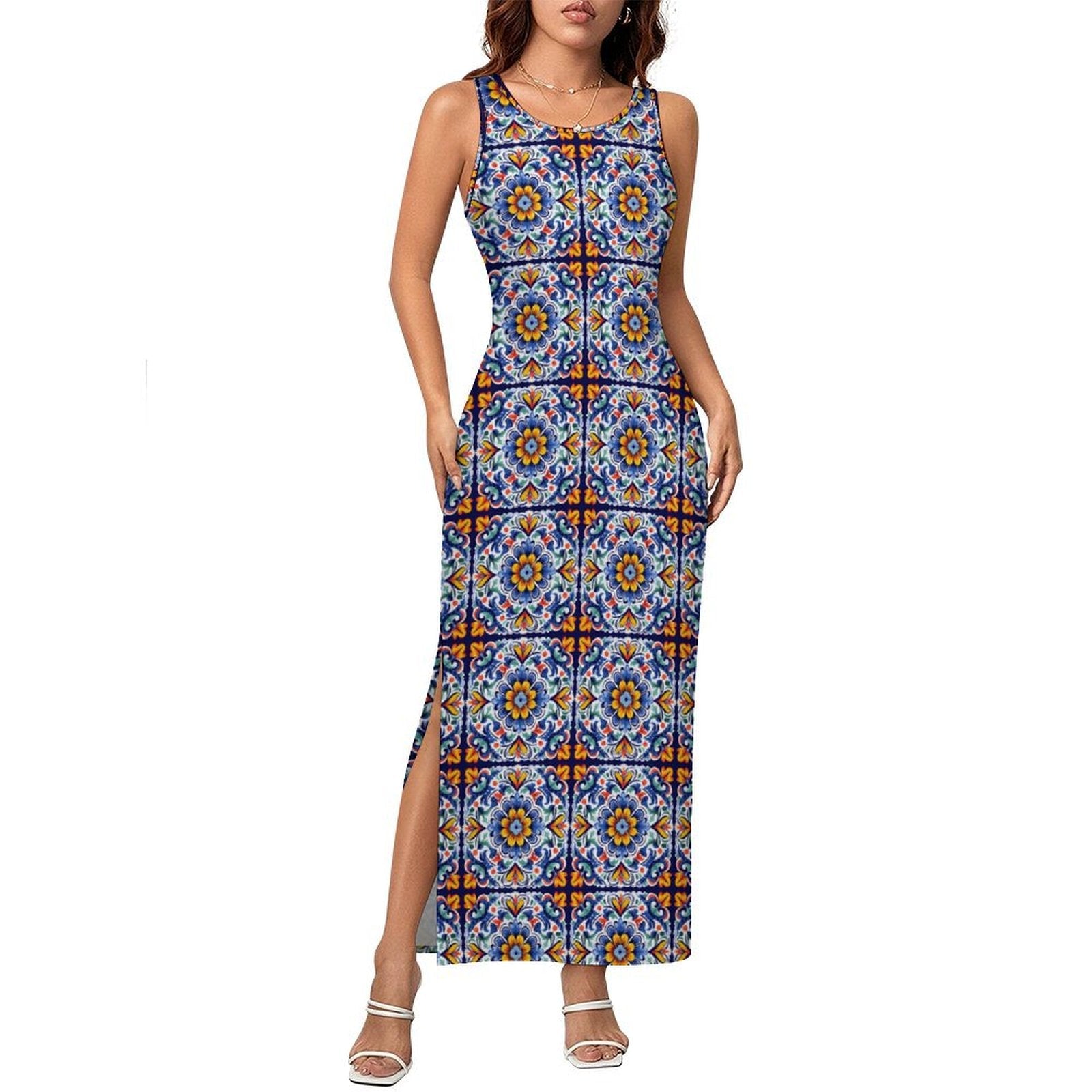 Colores de Mexico Talavera Sleeveless Bodycon Side Slit Long Dress