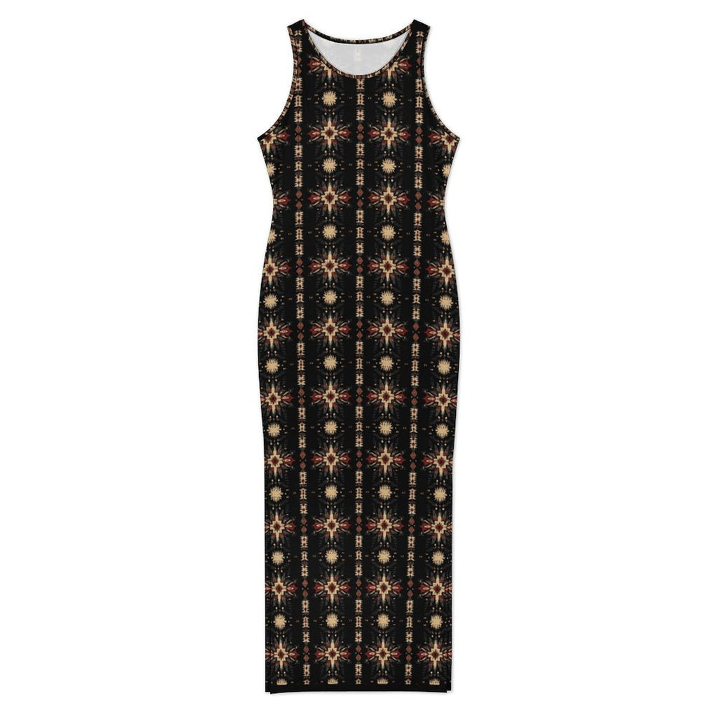 Black and Tan Aztec Sleeveless Bodycon Side Slit Maxi Dress
