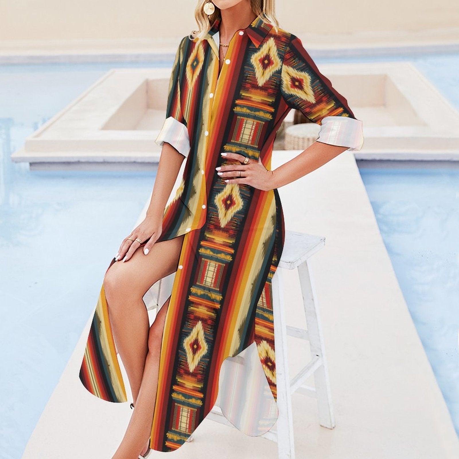 Colores De Mexico Southwestern Aztec Serape Long Sleeve Shirt Dress Duster