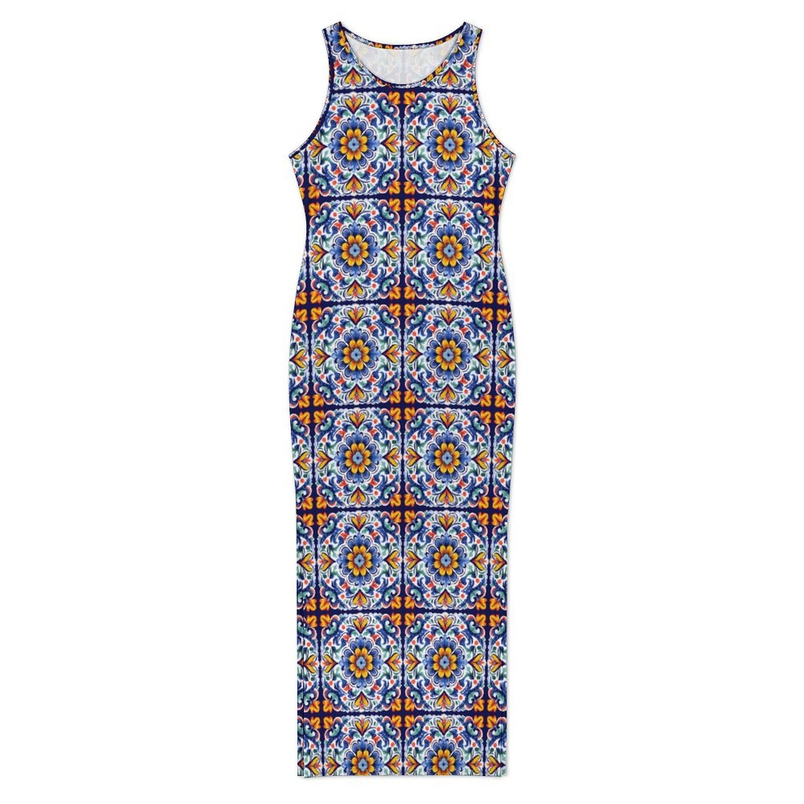 Colores de Mexico Talavera Sleeveless Bodycon Side Slit Long Dress