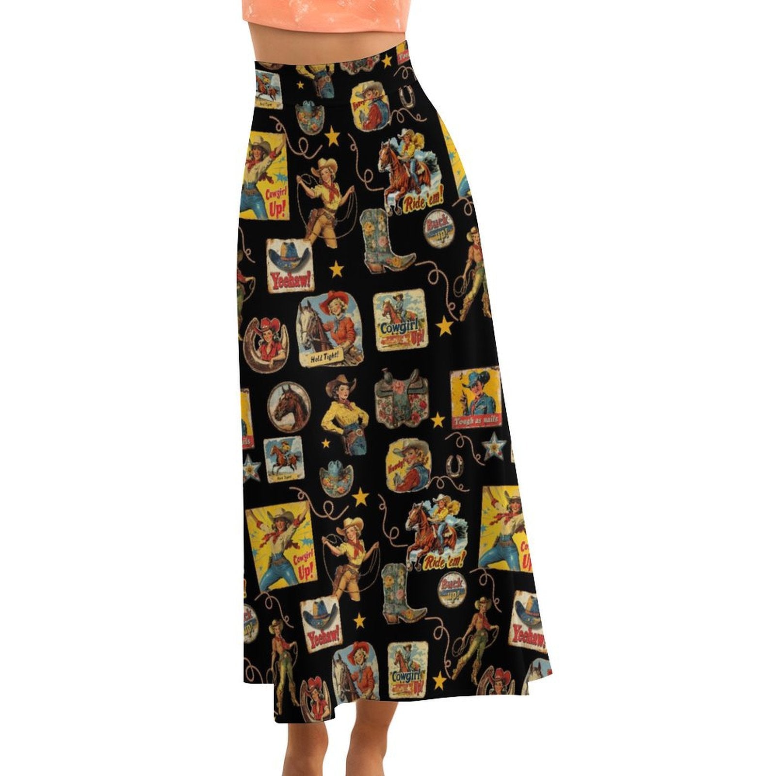 Vintage Cowgirl Collage Western Maxi Skirt
