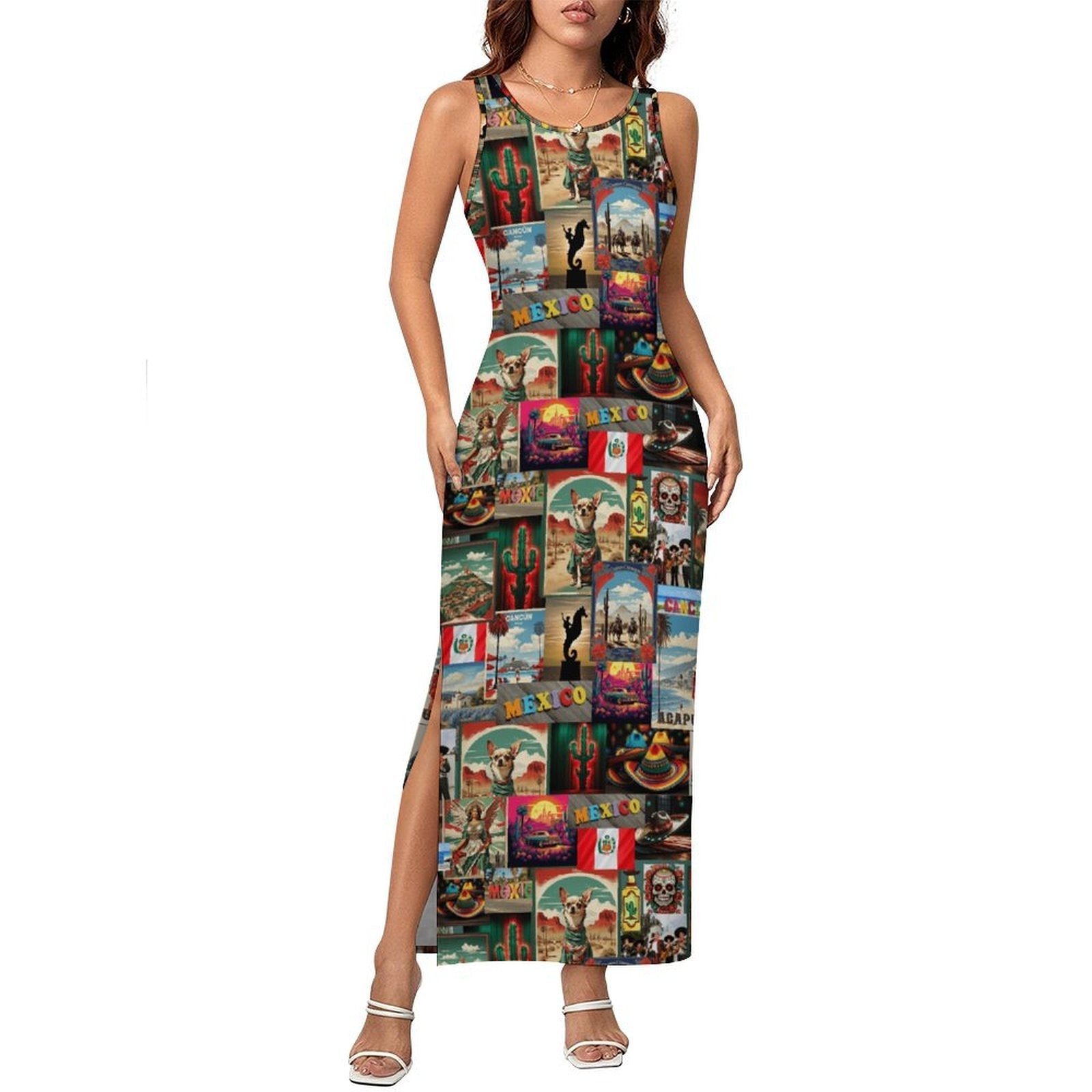 Colores De Mexico Destination Mexico Sleeveless Bodycon Side Slit Long Dress