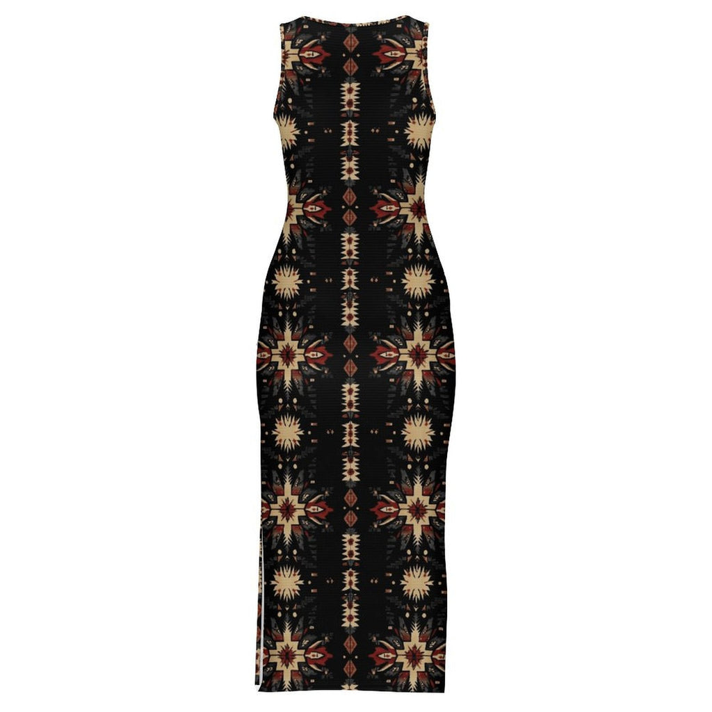Black and Tan Aztec Bodycon Side Slit Western Maxi Dress