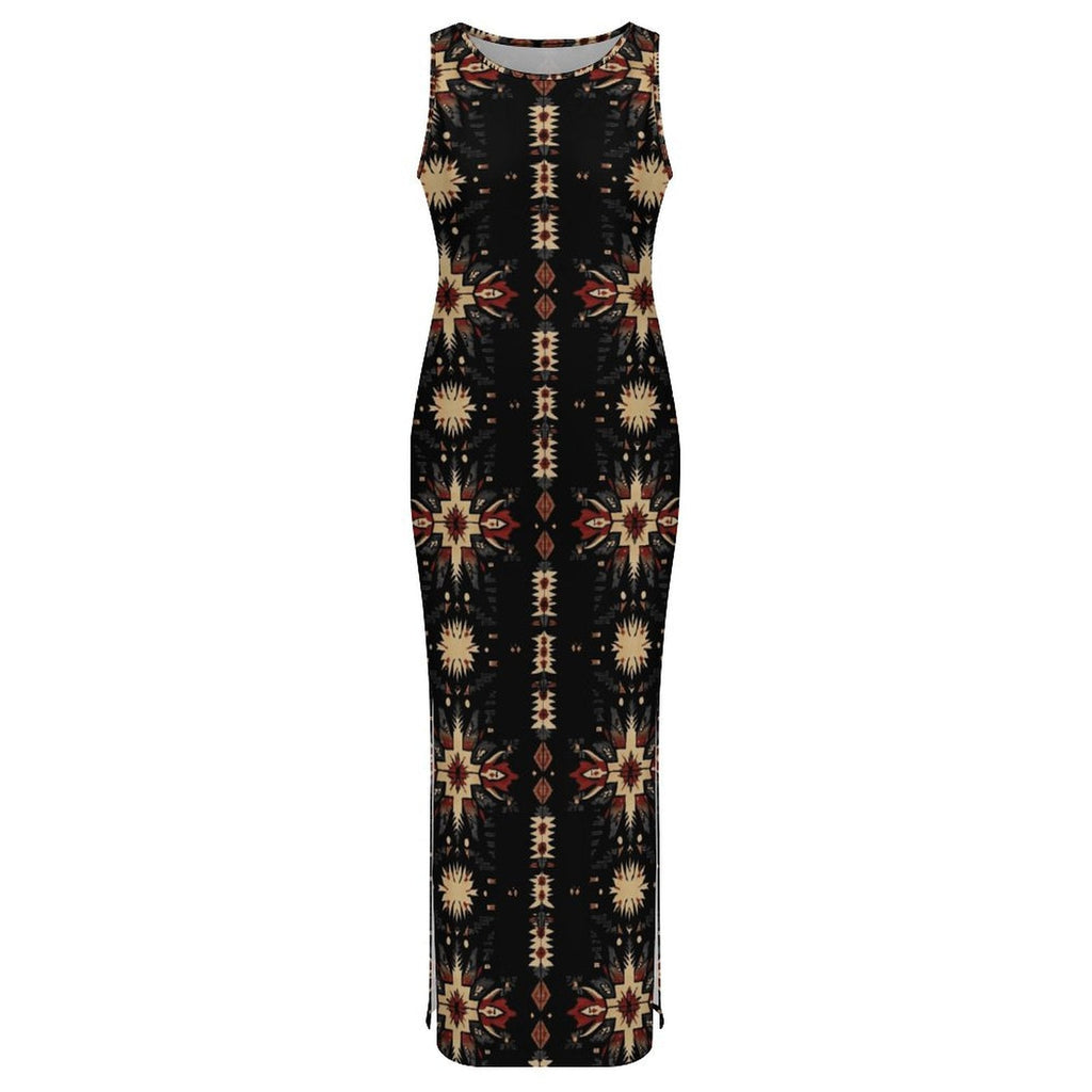 Black and Tan Aztec Bodycon Side Slit Western Maxi Dress