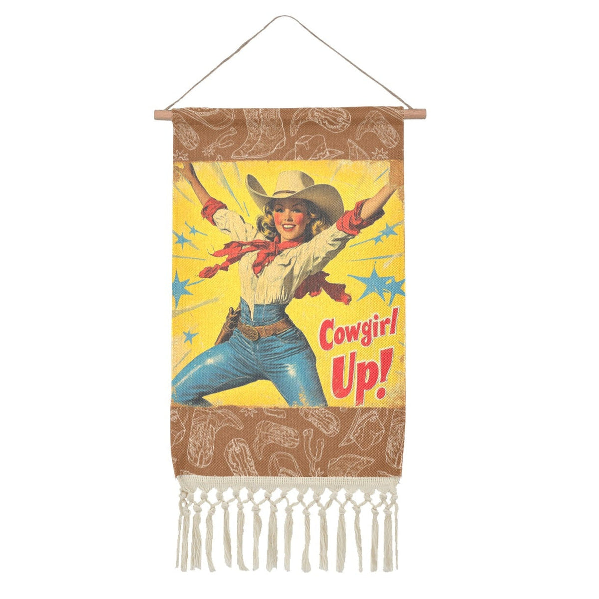 Cowgirl Up Vintage Western Wall Decor Linen Hanging Poster with Fringe Made in America
