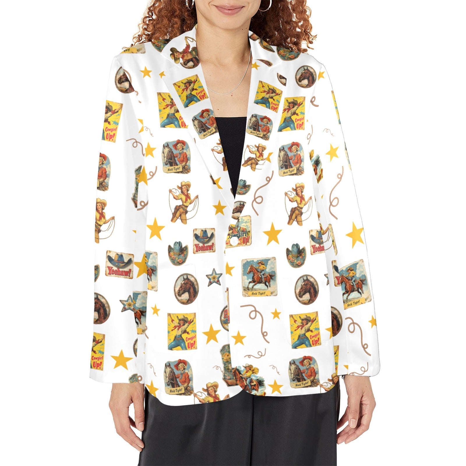 Vintage Cowgirl Collage Women's Western Blazer in White