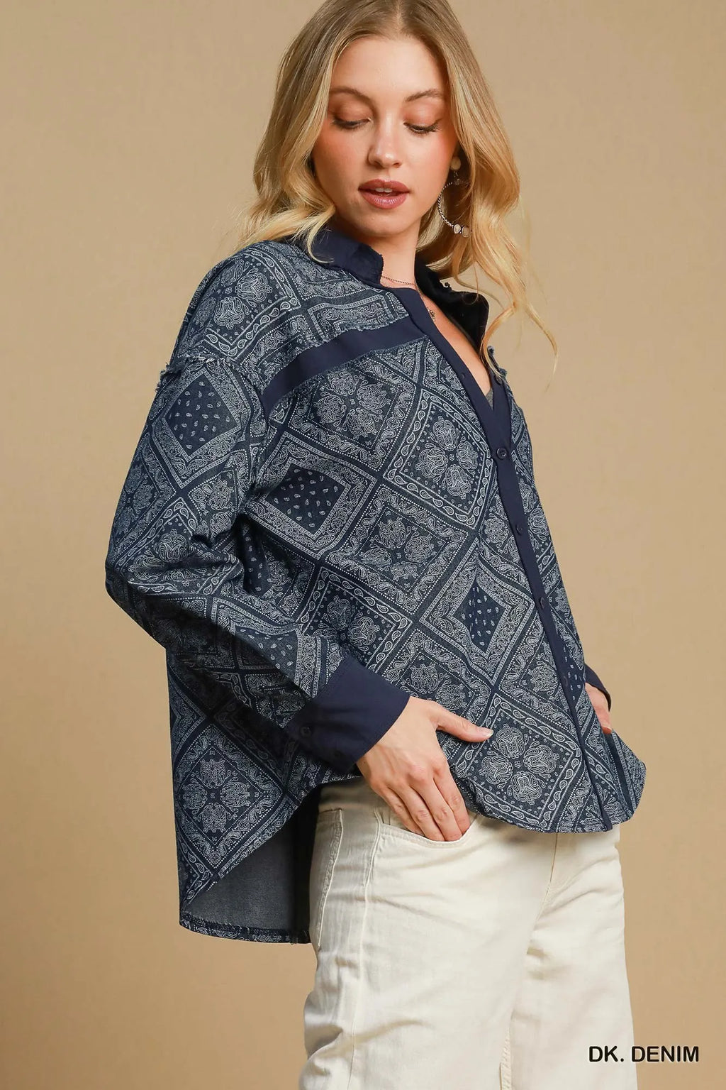 Garden Naked Umgee Paisley Print Denim Shirt Jacket