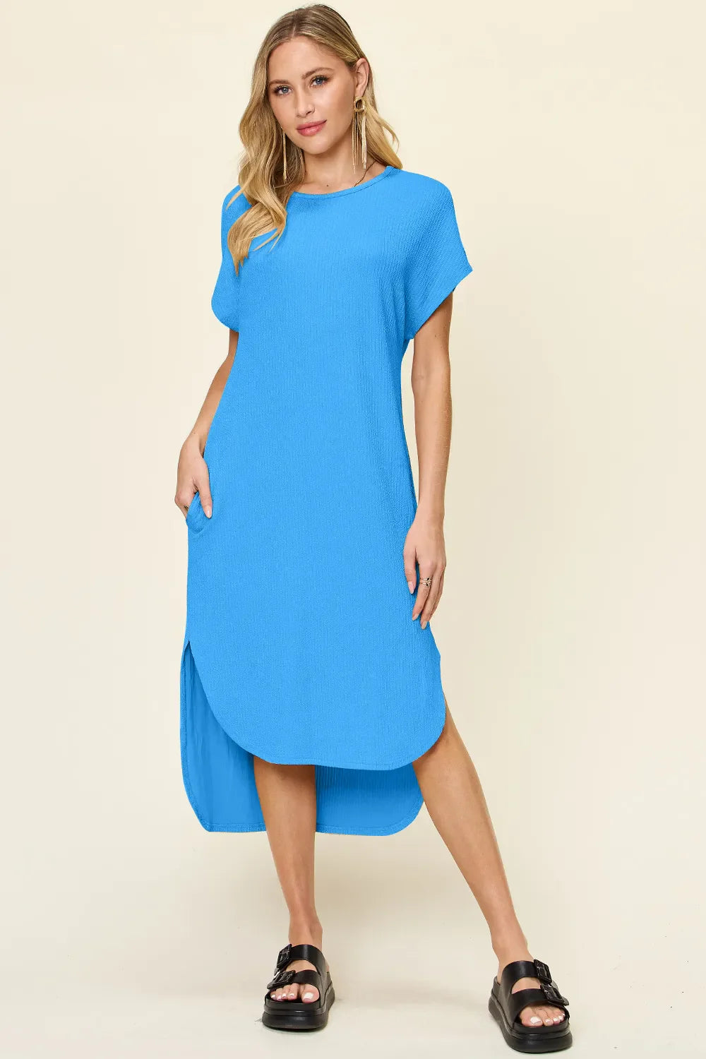 Garden Naked Double Take Full Size Round Neck Short Sleeve Slit Dress