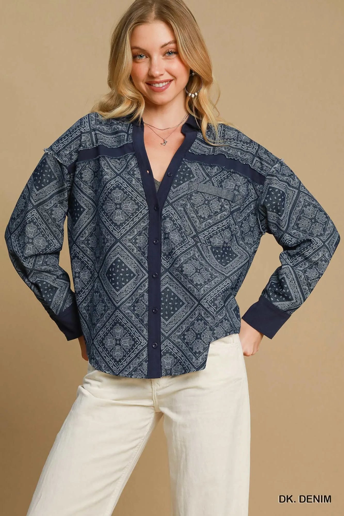 Garden Naked Umgee Paisley Print Denim Shirt Jacket