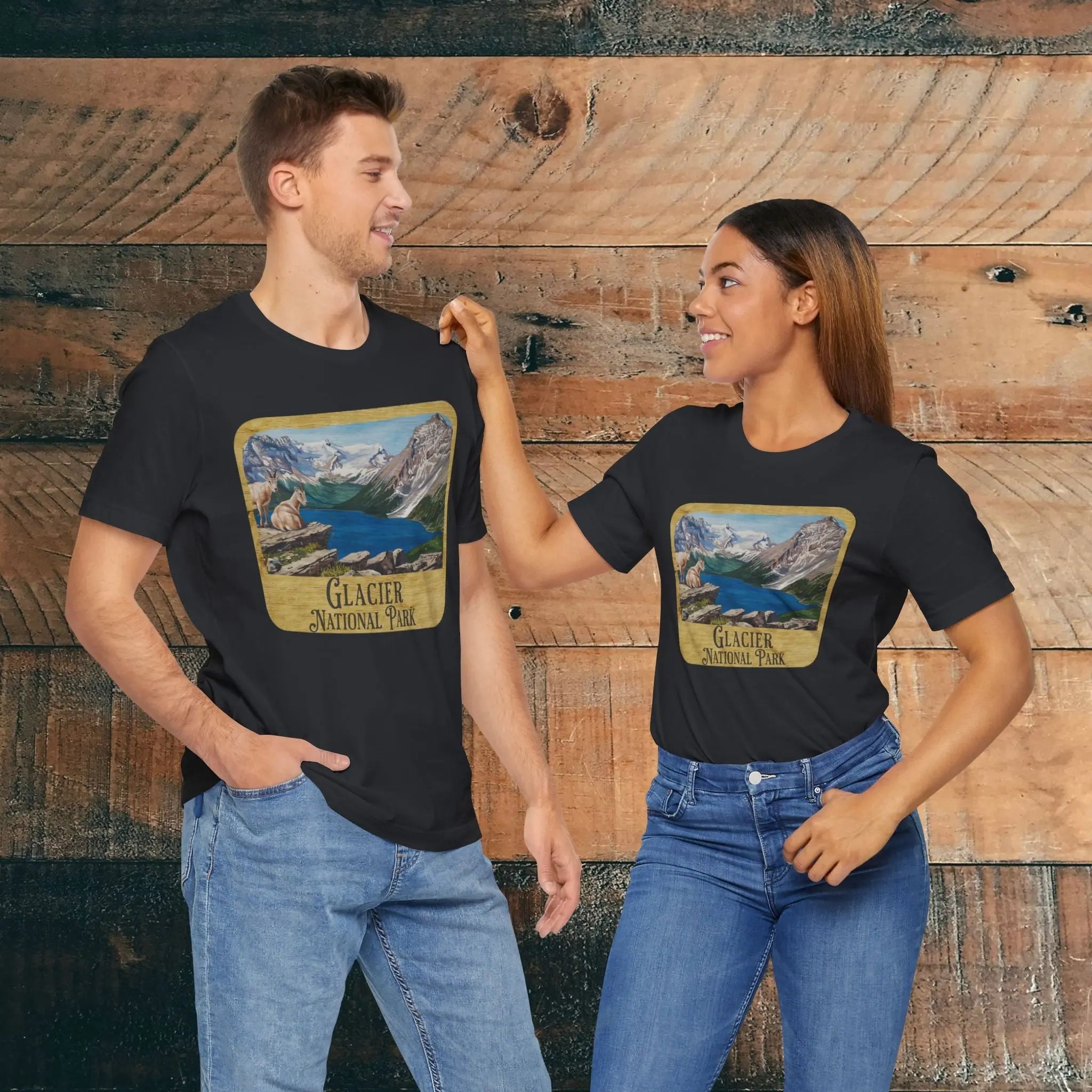 Glacier National Park Unisex Fit Short Sleeve T-Shirt Wood Sign