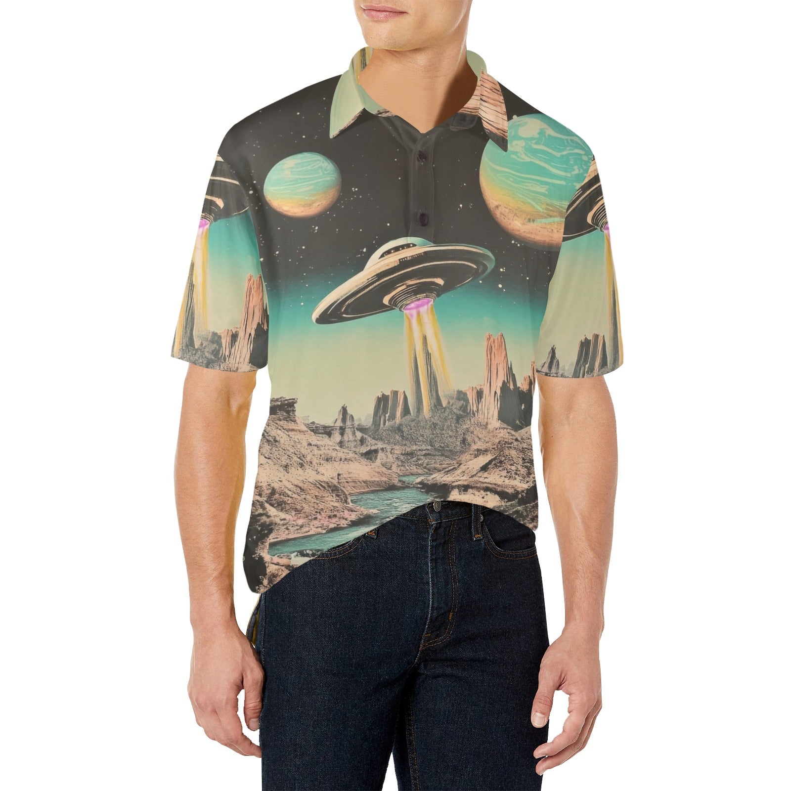 Baha Ranch Retro Pop Western Space Cowboy Polo Shirt