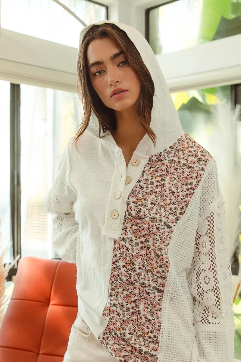 Garden Naked BiBi Slob Jersey with Lace Combo Buttoned Hoodie Top