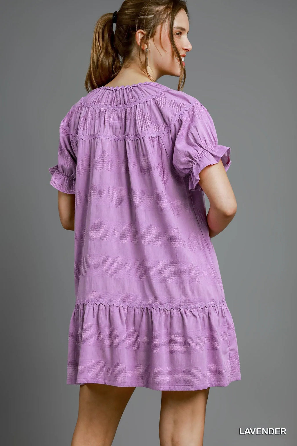 Garden Naked Umgee Heart Pattern Short Sleeve Ruffle Babydoll Dress