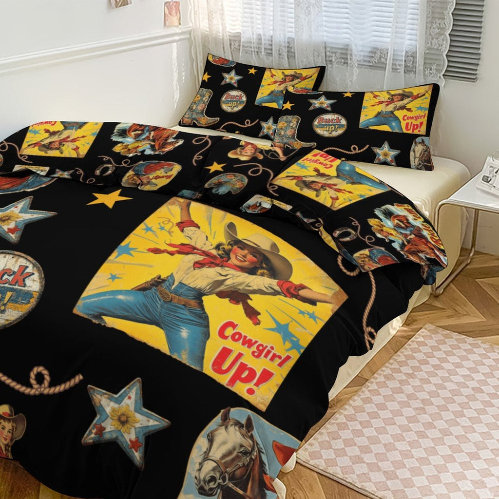 Vintage Cowgirl Collage Design 3-Piece Bedding Set (1 Duvet Cover + 2 Pillow Shams) – 102"×90"