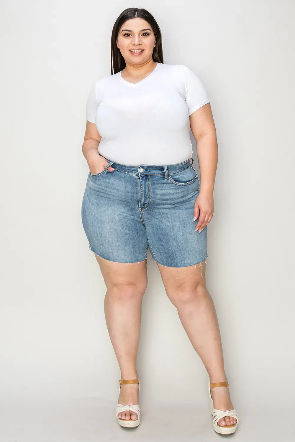 Garden Naked Judy Blue Full Size High Waist Raw Hem Denim Shorts