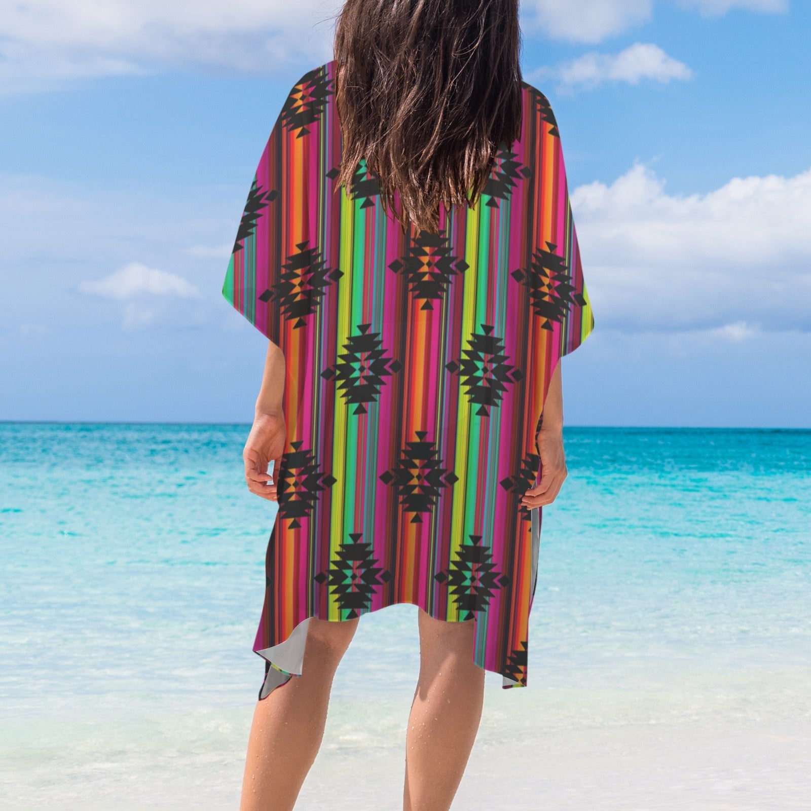 Neon Aztec Duster Kimono Coverup Women's Long Cover Up